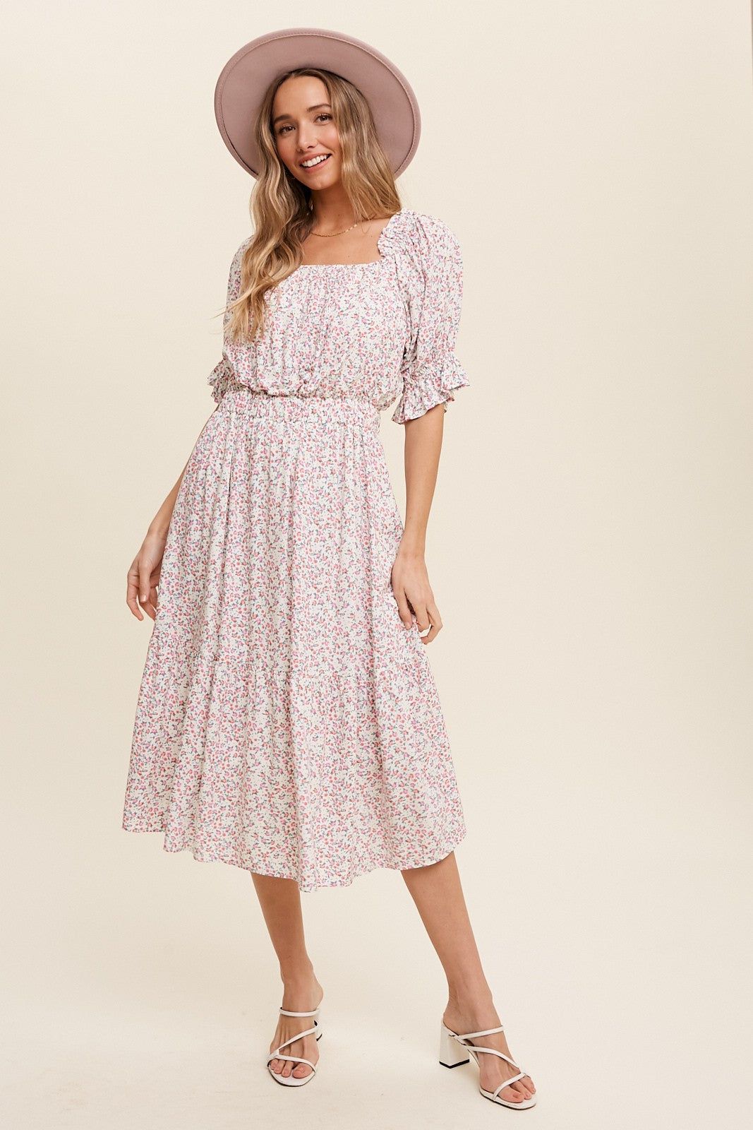 Cream Floral Print Ruffle Trim Flowy Midi Dress sold by Pinkblush