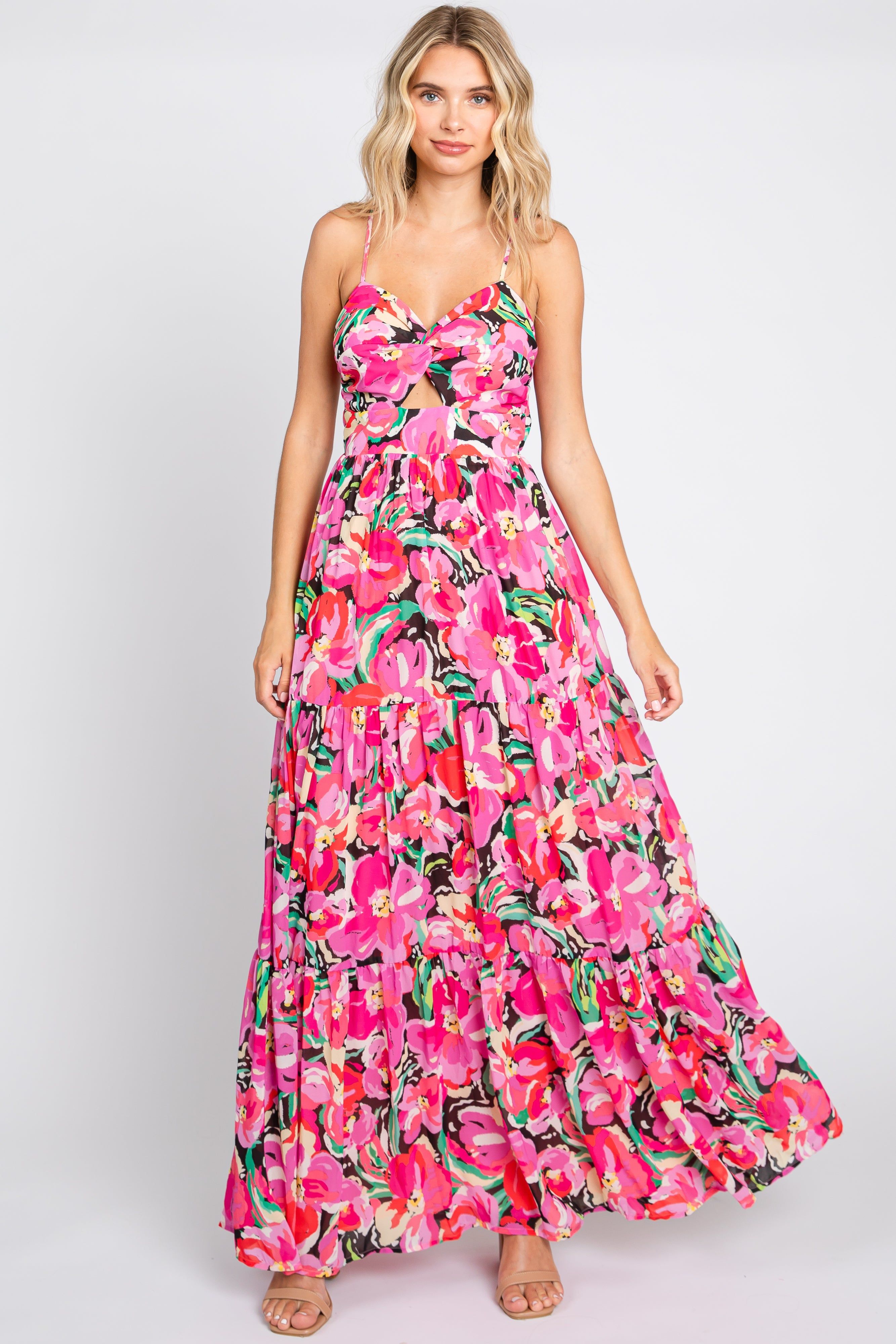 Fuchsia Floral Front Twist Lace Up Back Maxi Dress sold by Pinkblush