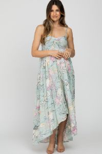 Light Blue Floral Front Tie Empire Maternity Maxi Dress sold by Pinkblush