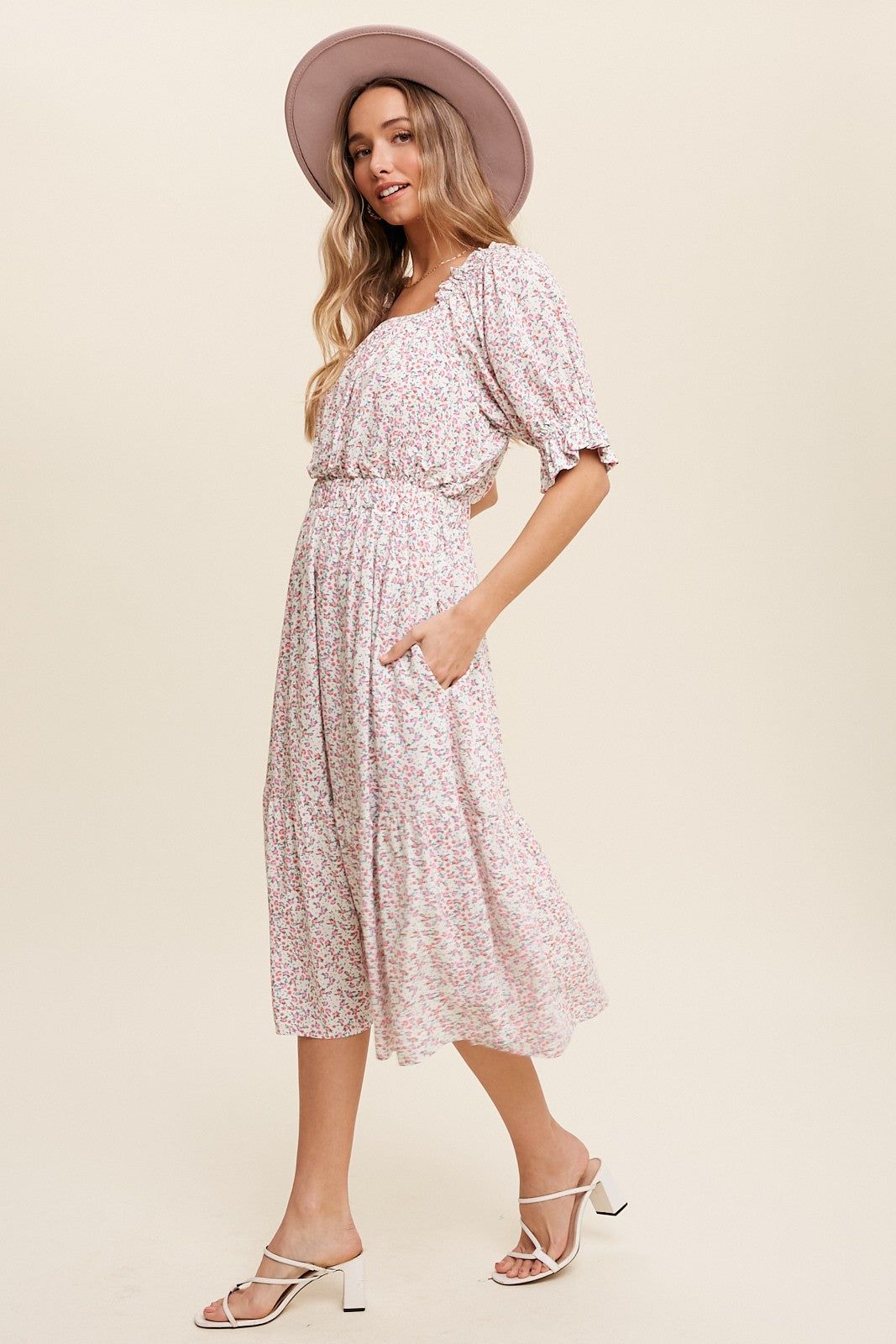 Cream Floral Print Ruffle Trim Flowy Midi Dress sold by Pinkblush product image thumbnail 2