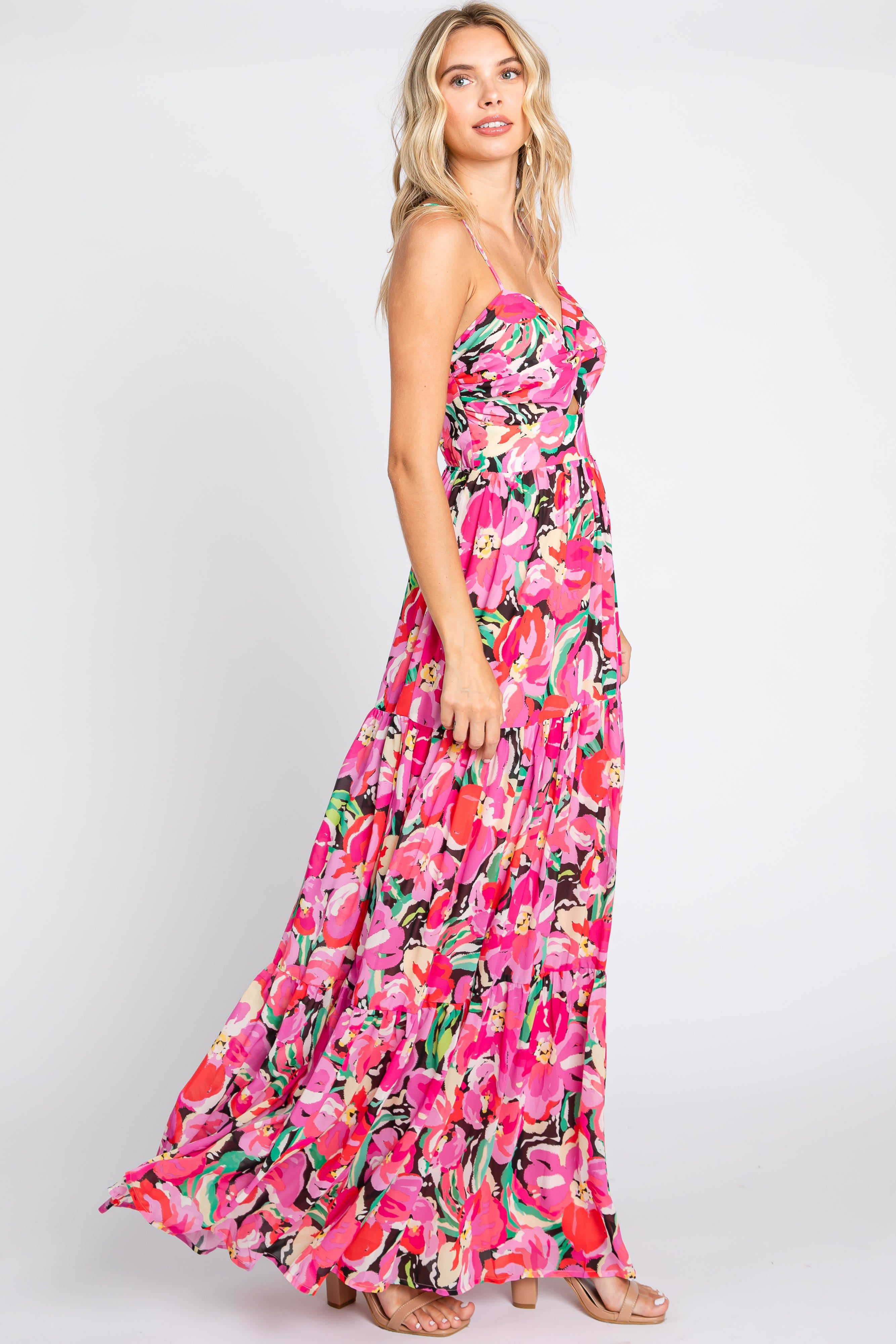 Fuchsia Floral Front Twist Lace Up Back Maxi Dress sold by Pinkblush product image thumbnail 2