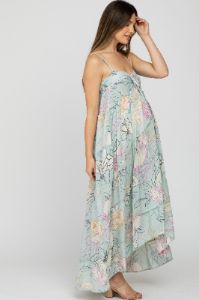 Light Blue Floral Front Tie Empire Maternity Maxi Dress sold by Pinkblush