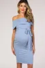 PinkBlush Blue Folded Off Shoulder Belted Fitted Maternity Dress sold by Pinkblush