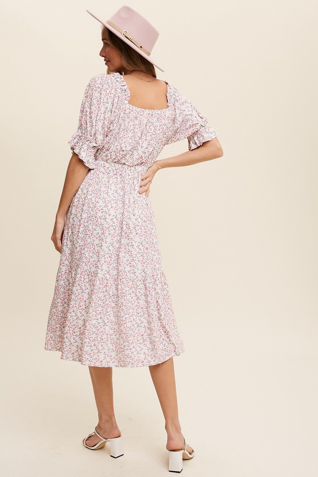 Cream Floral Print Ruffle Trim Flowy Midi Dress sold by Pinkblush product image thumbnail 3