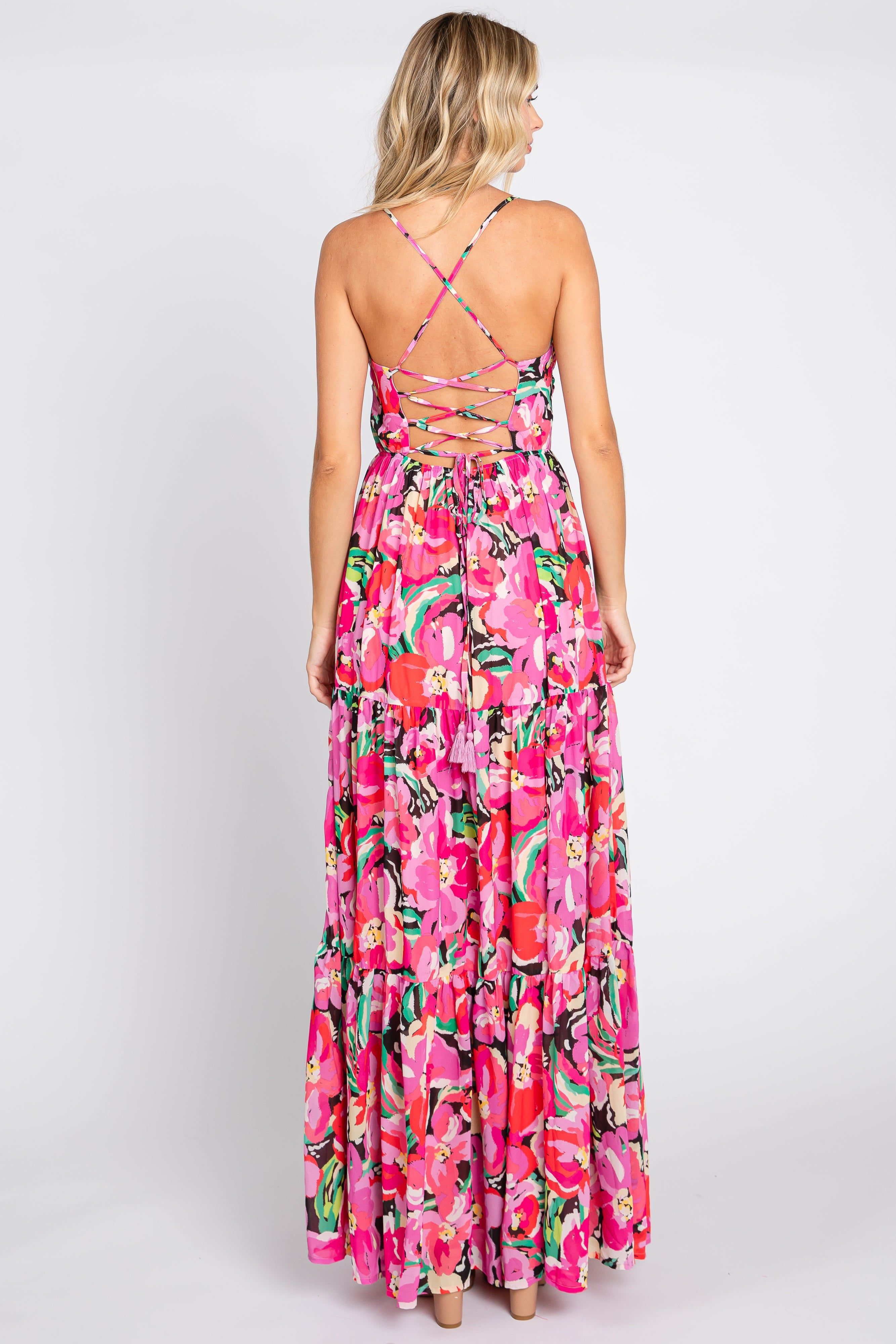 Fuchsia Floral Front Twist Lace Up Back Maxi Dress sold by Pinkblush product image thumbnail 3