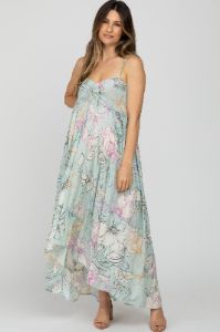 Light Blue Floral Front Tie Empire Maternity Maxi Dress sold by Pinkblush