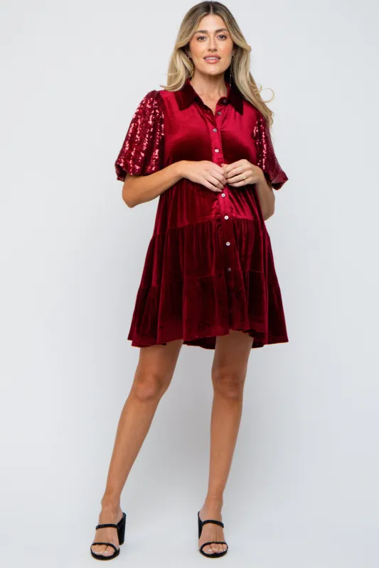 Burgundy Velvet Tiered Sequin Short Sleeve Maternity Dress sold by Pinkblush