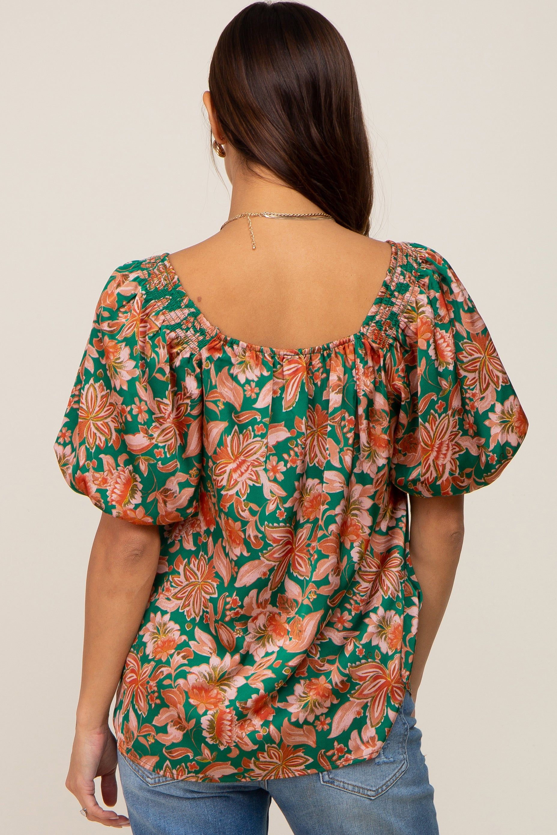 Green Floral Satin Smocked Accent Maternity Blouse sold by Pinkblush product image thumbnail 3