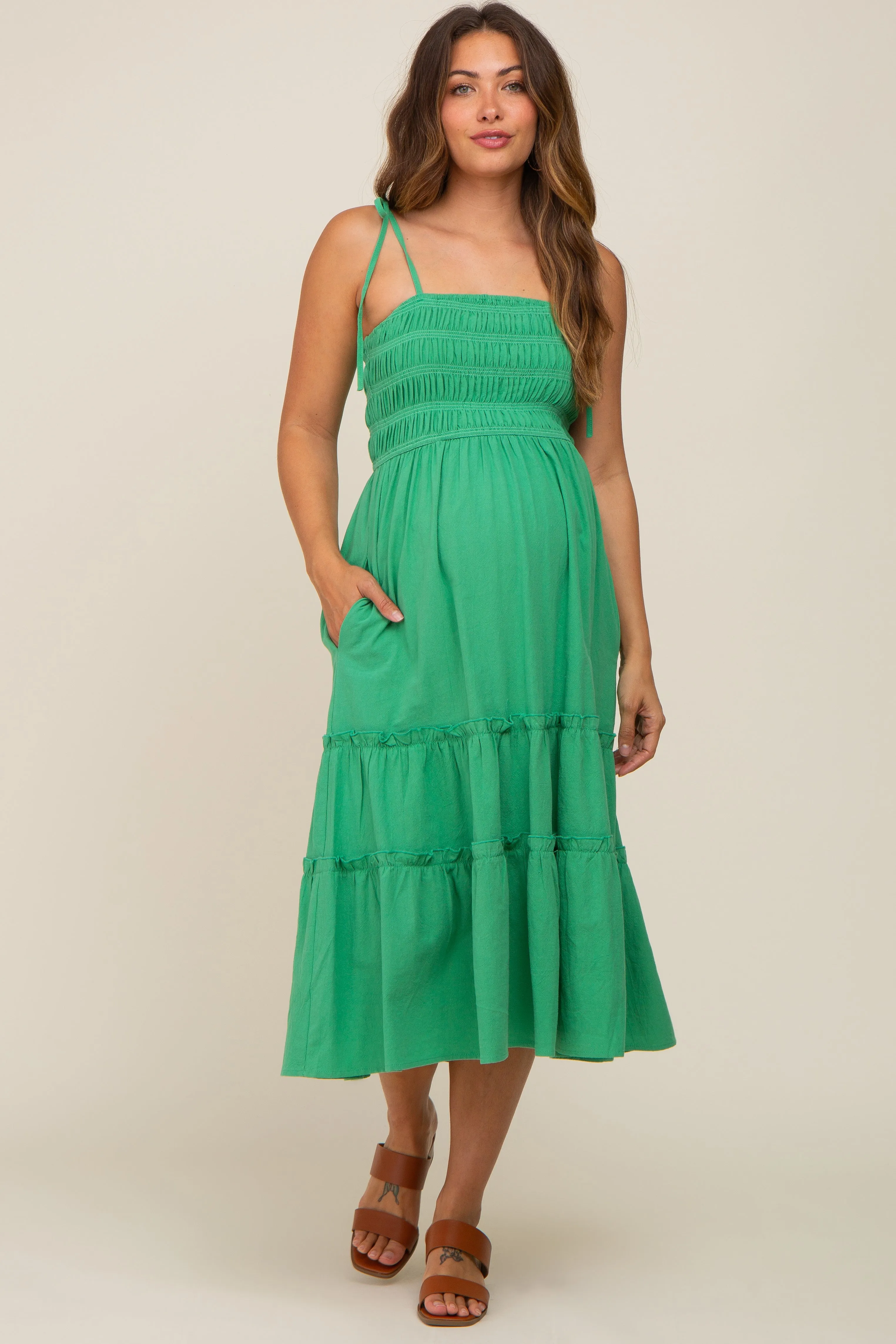 Green Sleeveless Tiered Maternity Midi Dress sold by Pinkblush product image thumbnail 4