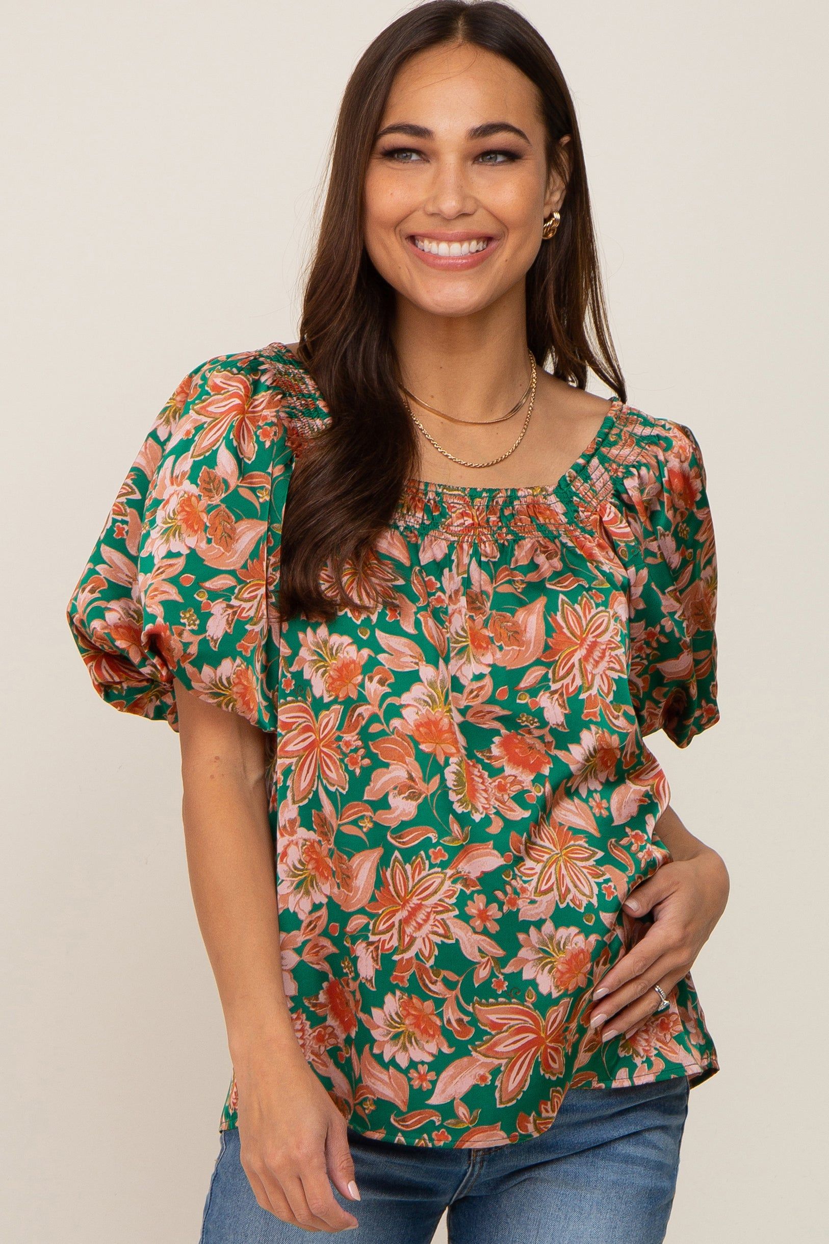Green Floral Satin Smocked Accent Maternity Blouse sold by Pinkblush