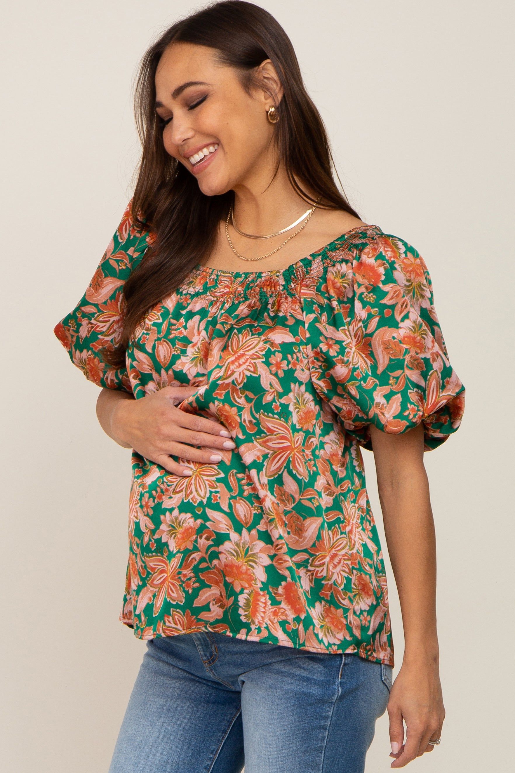 Green Floral Satin Smocked Accent Maternity Blouse sold by Pinkblush product image thumbnail 2