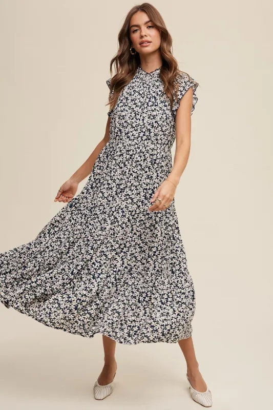 Navy Floral Ruffle Mock Neck Tiered Midi Dress sold by Pinkblush