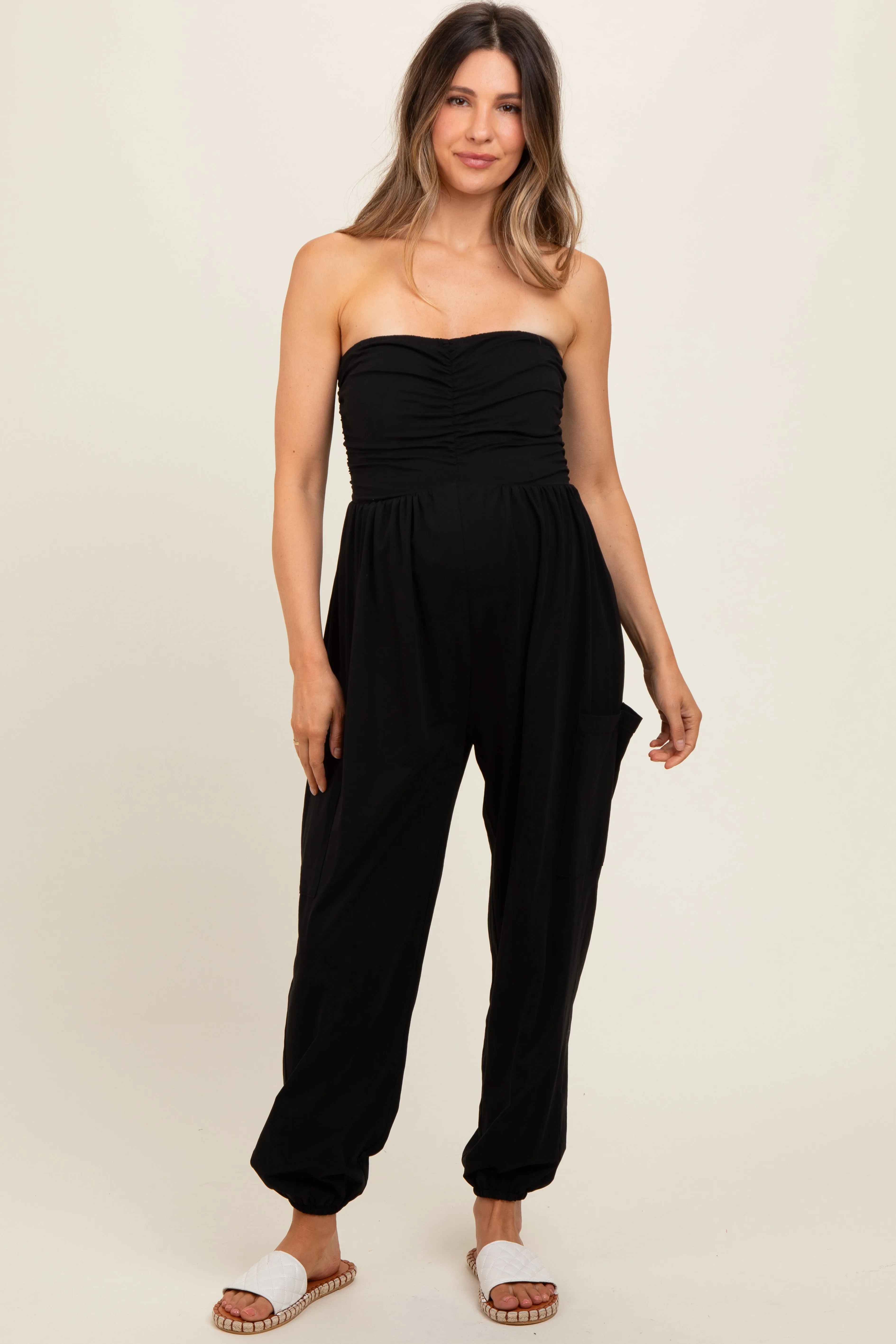 Black Strapless Ruched Top Maternity Jumpsuit sold by Pinkblush