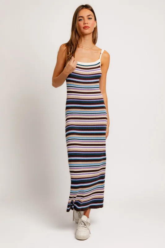 Multi Color Striped Square Neck Sleeveless Maxi Dress sold by Pinkblush
