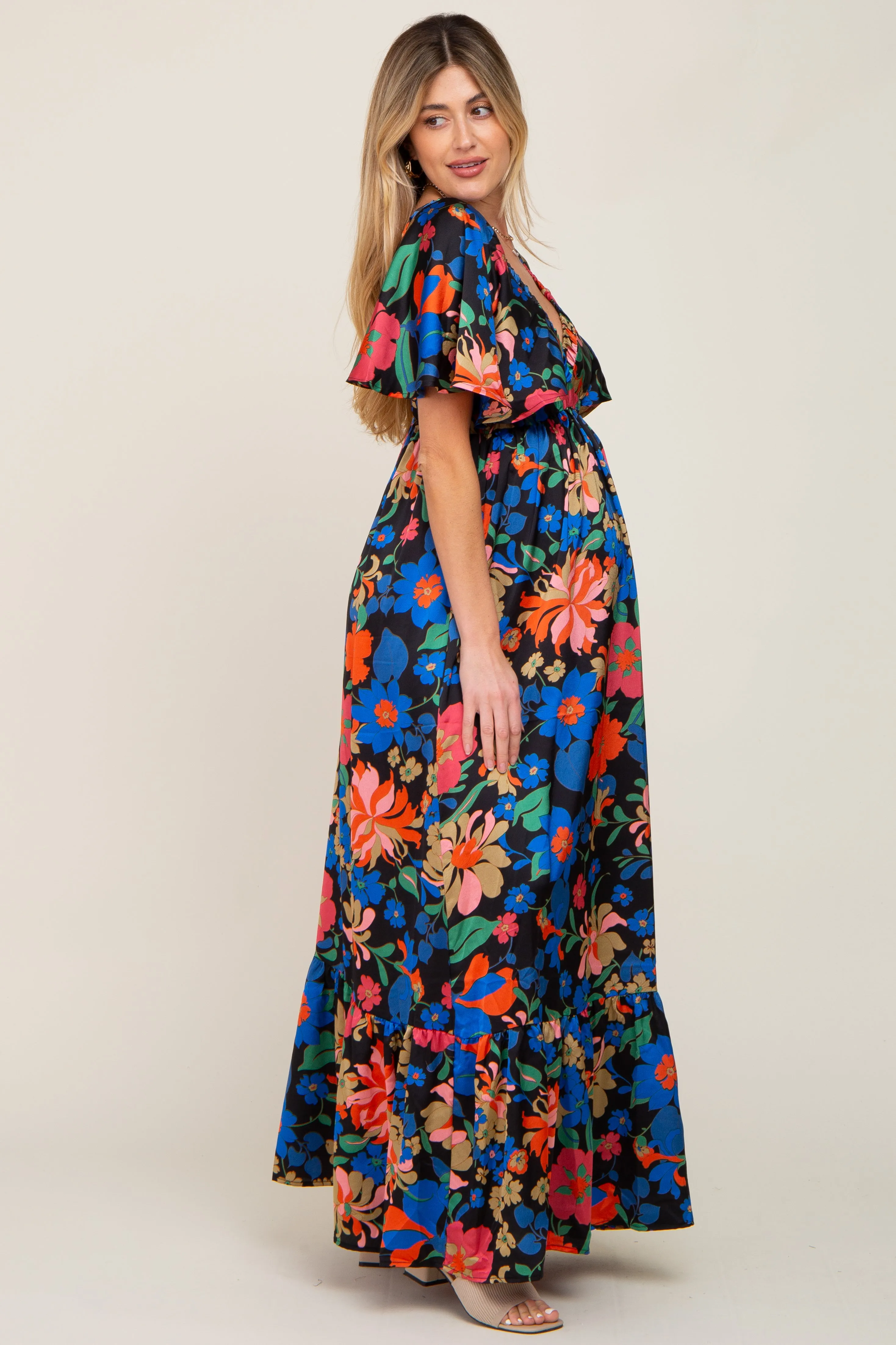 Black Floral Flounce Sleeve Maternity Maxi Dress sold by Pinkblush product image thumbnail 2