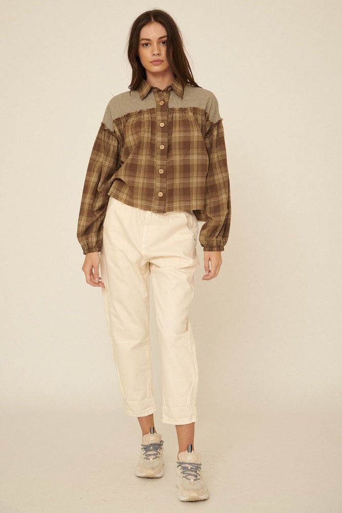 Olive Oversized Plaid Button Front Ruffled Seam Shirt sold by Pinkblush product image thumbnail 4