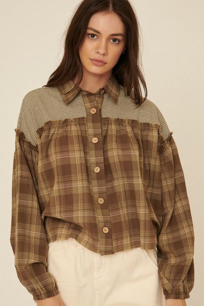 Olive Oversized Plaid Button Front Ruffled Seam Shirt sold by Pinkblush