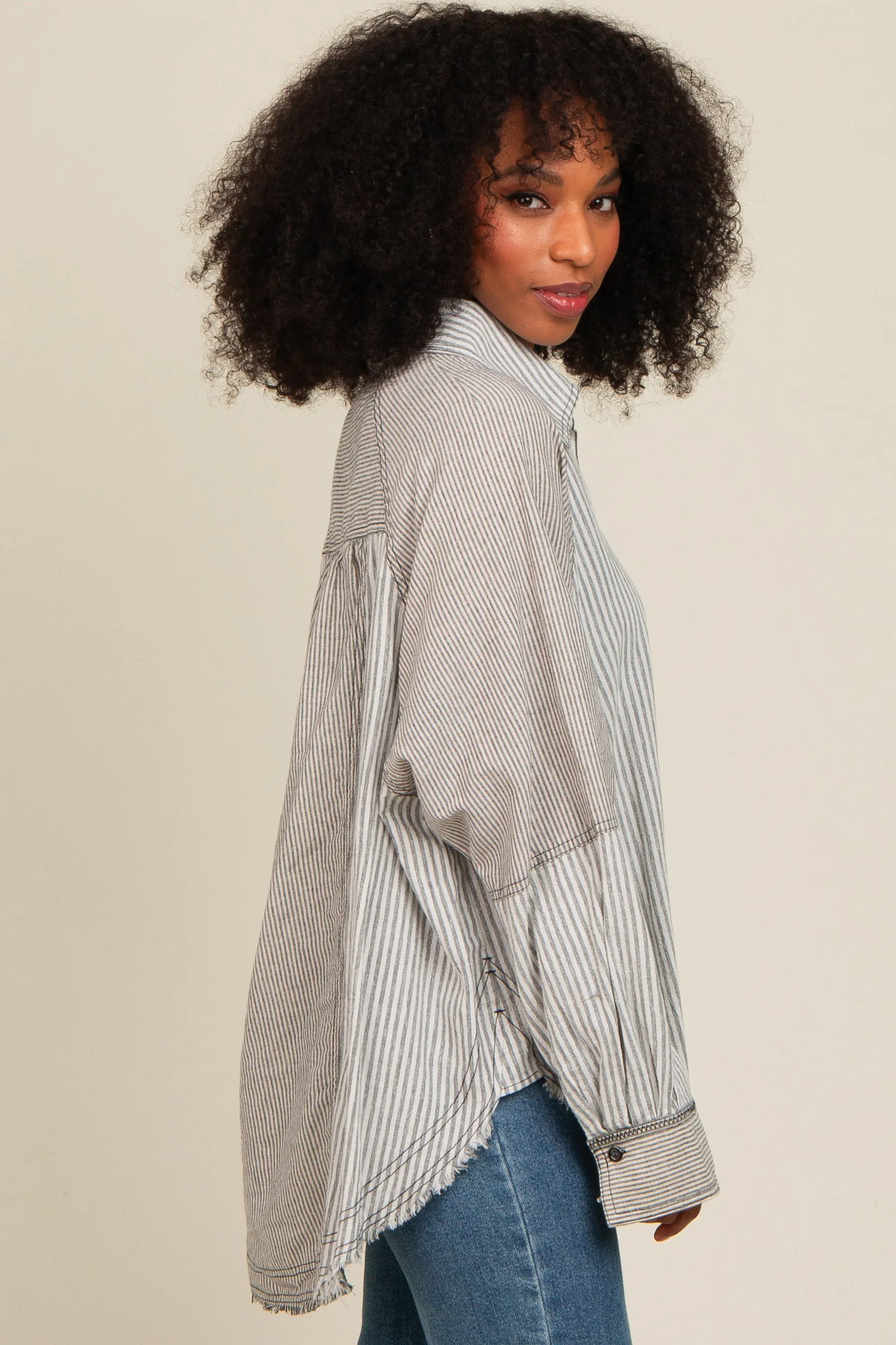 Ivory Striped Button Down Oversized Long Sleeve Top sold by Pinkblush product image thumbnail 3