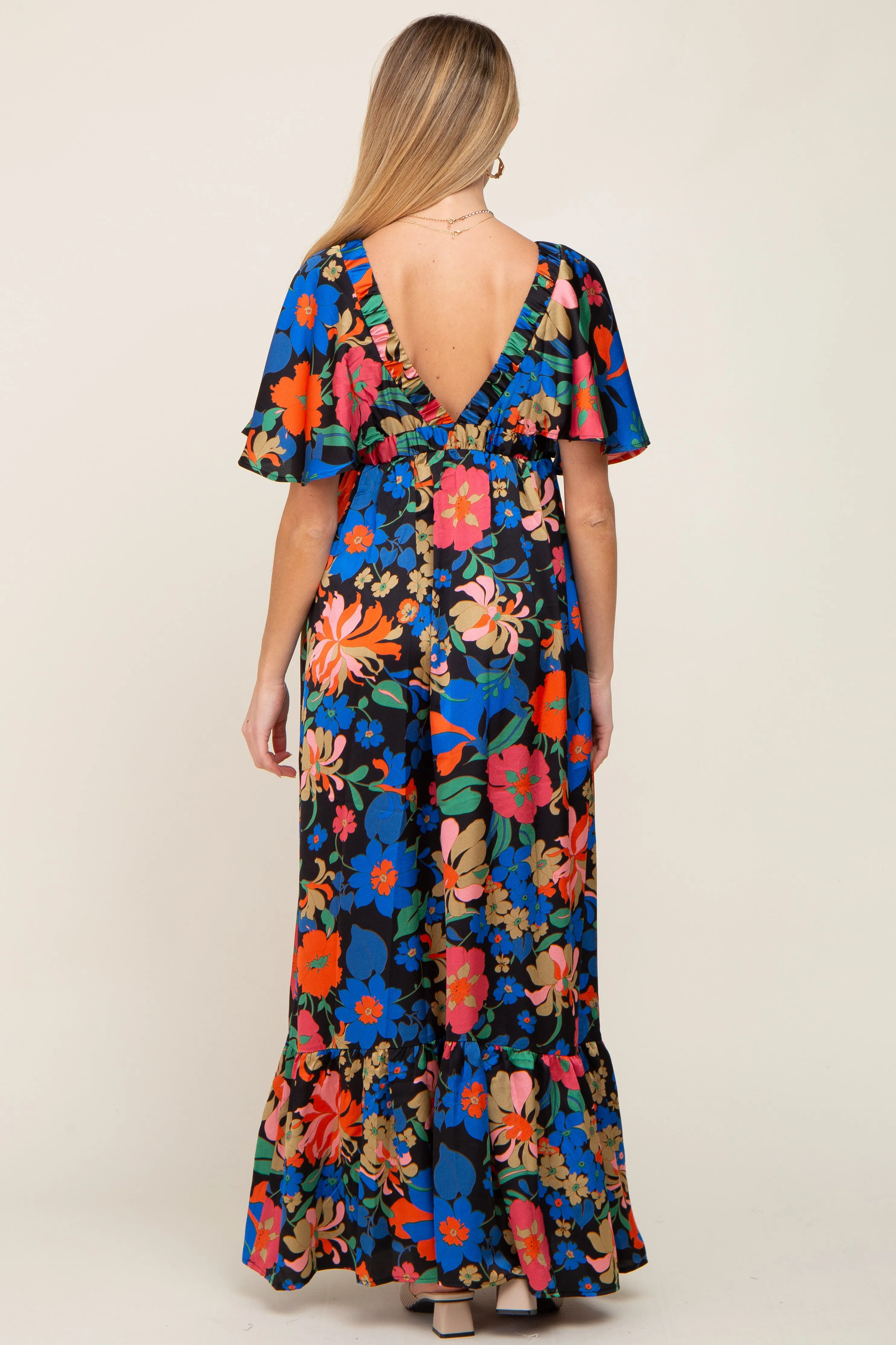 Black Floral Flounce Sleeve Maternity Maxi Dress sold by Pinkblush product image thumbnail 3