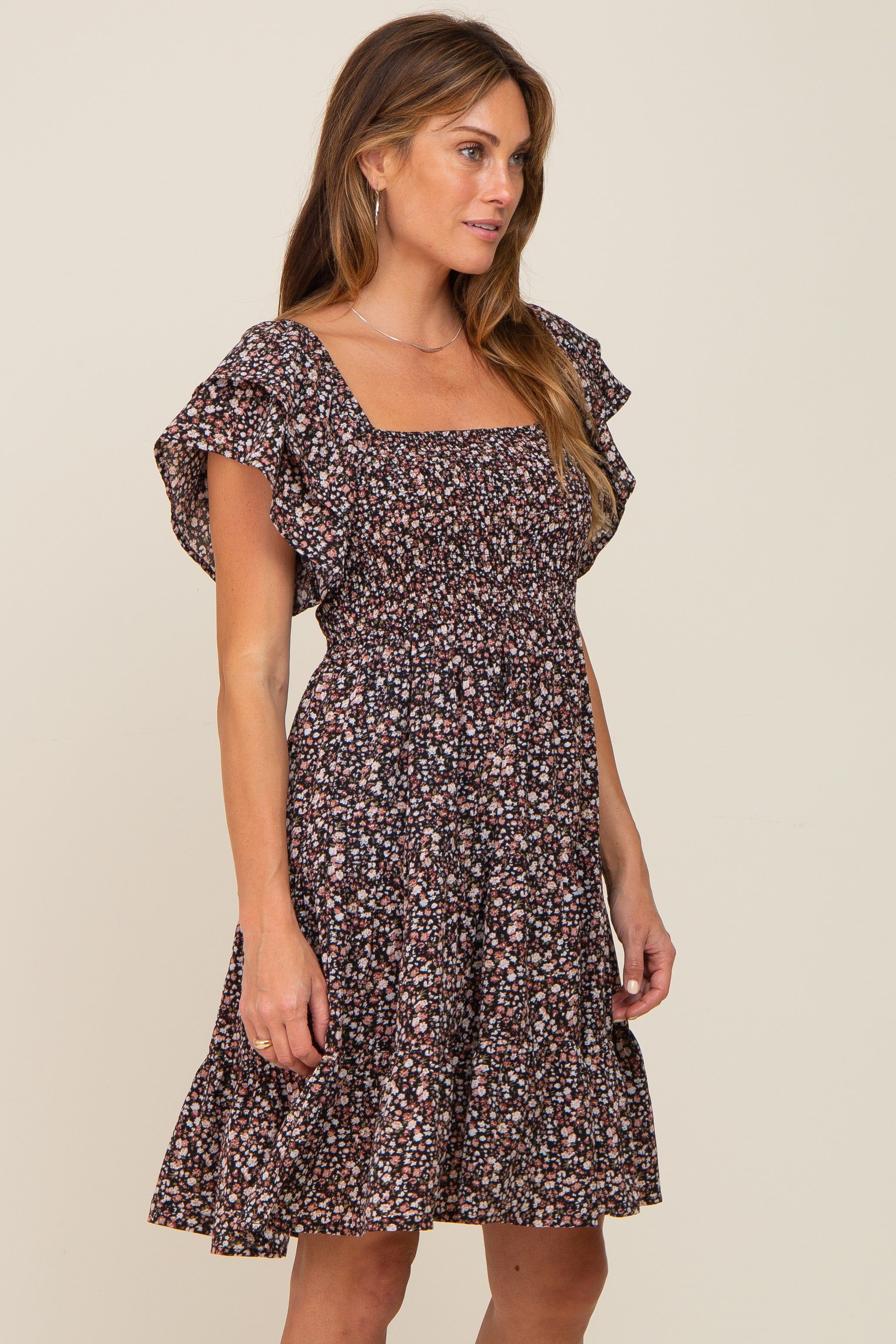 Black Floral Smocked Tiered Dress sold by Pinkblush product image thumbnail 2