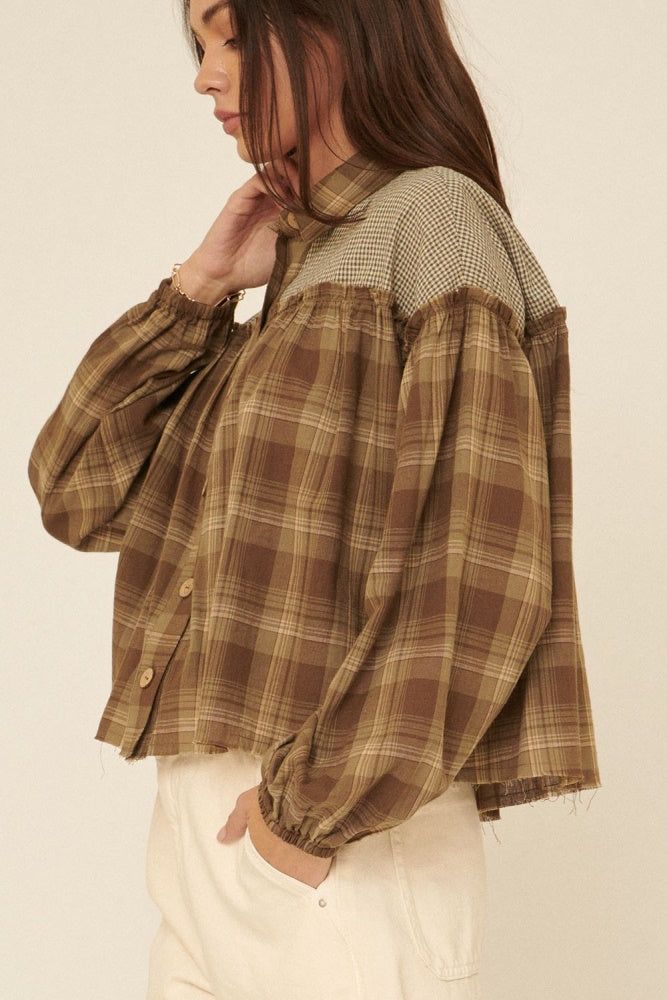 Olive Oversized Plaid Button Front Ruffled Seam Shirt sold by Pinkblush product image thumbnail 2