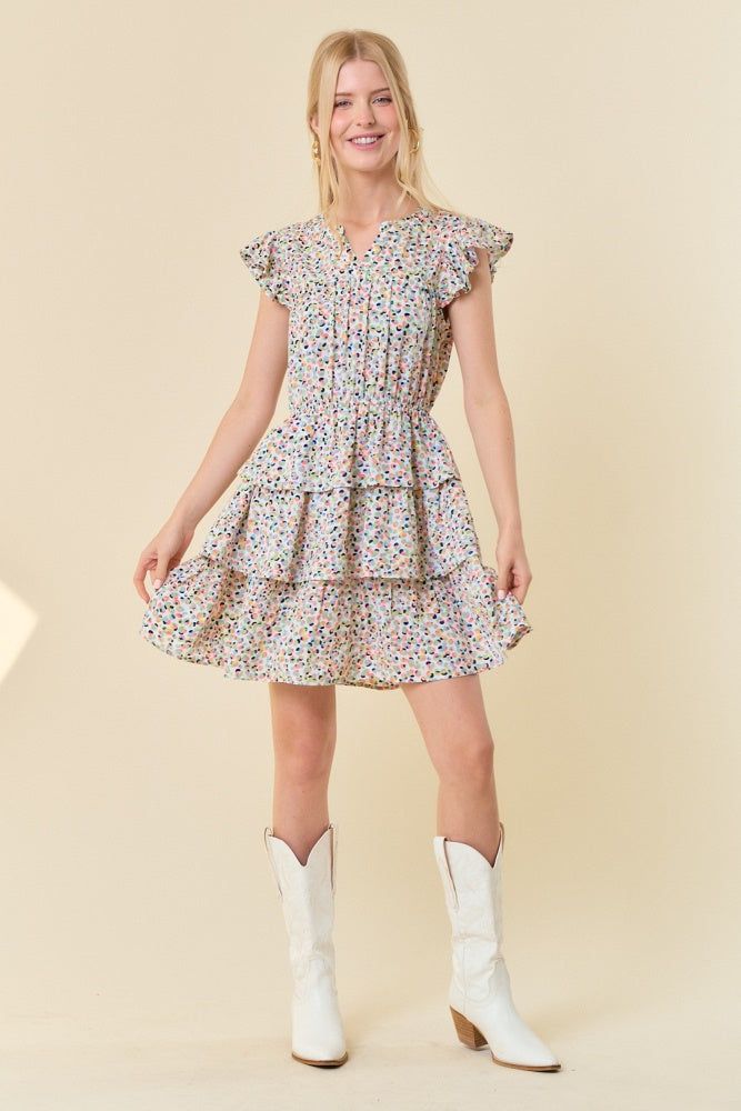 Off White Split Ruffled Sleeve Tiered Bottom Mini Dress sold by Pinkblush product image thumbnail 4