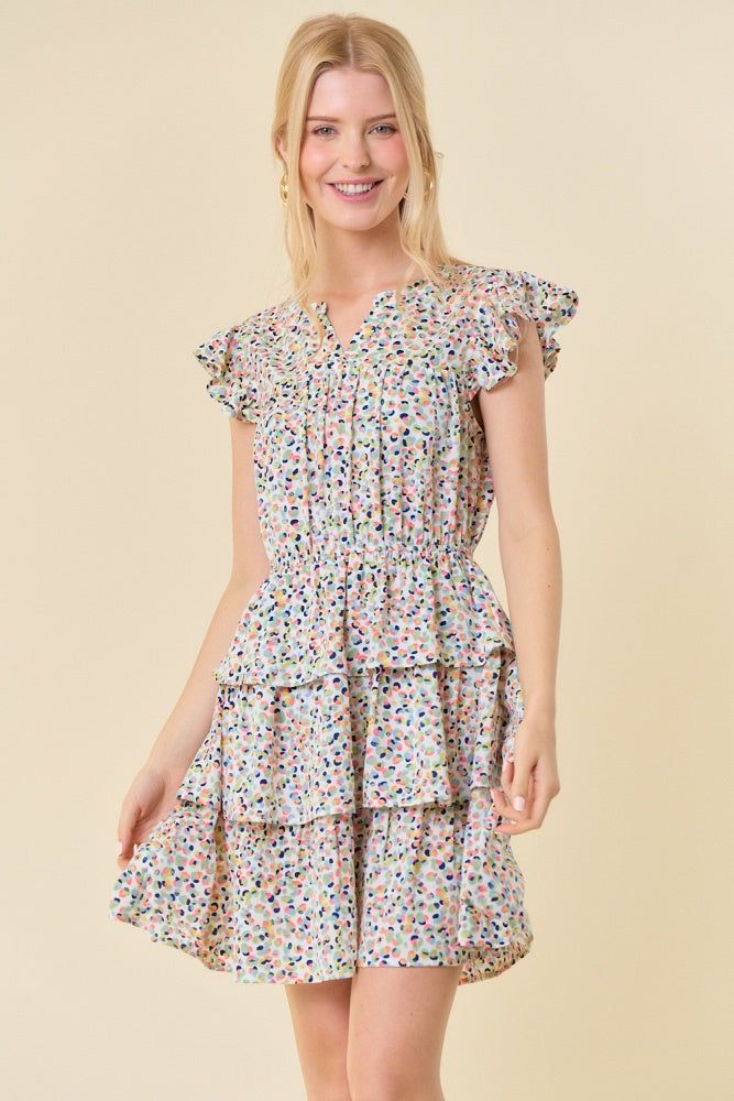 Off White Split Ruffled Sleeve Tiered Bottom Mini Dress sold by Pinkblush