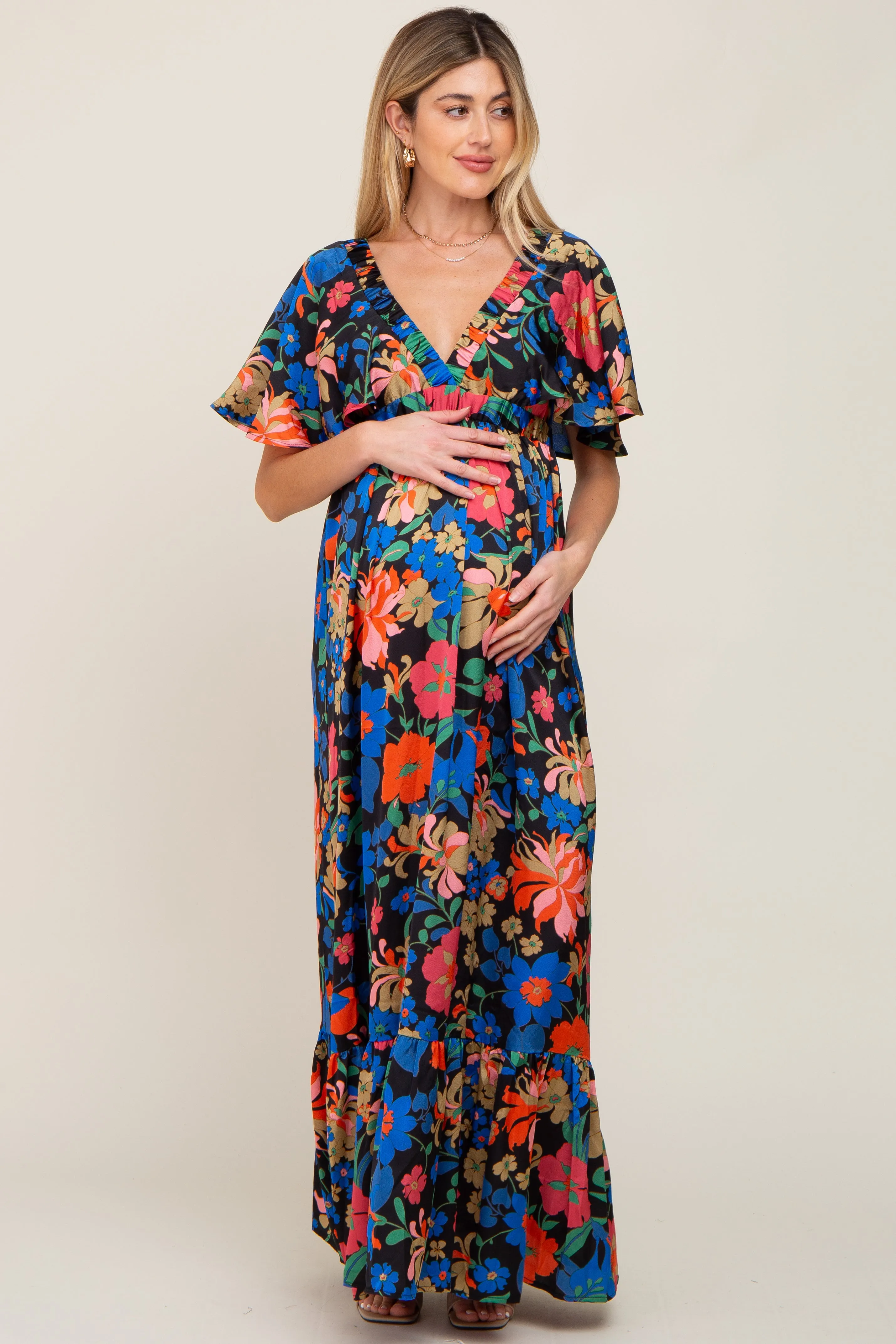 Black Floral Flounce Sleeve Maternity Maxi Dress sold by Pinkblush product image thumbnail 4
