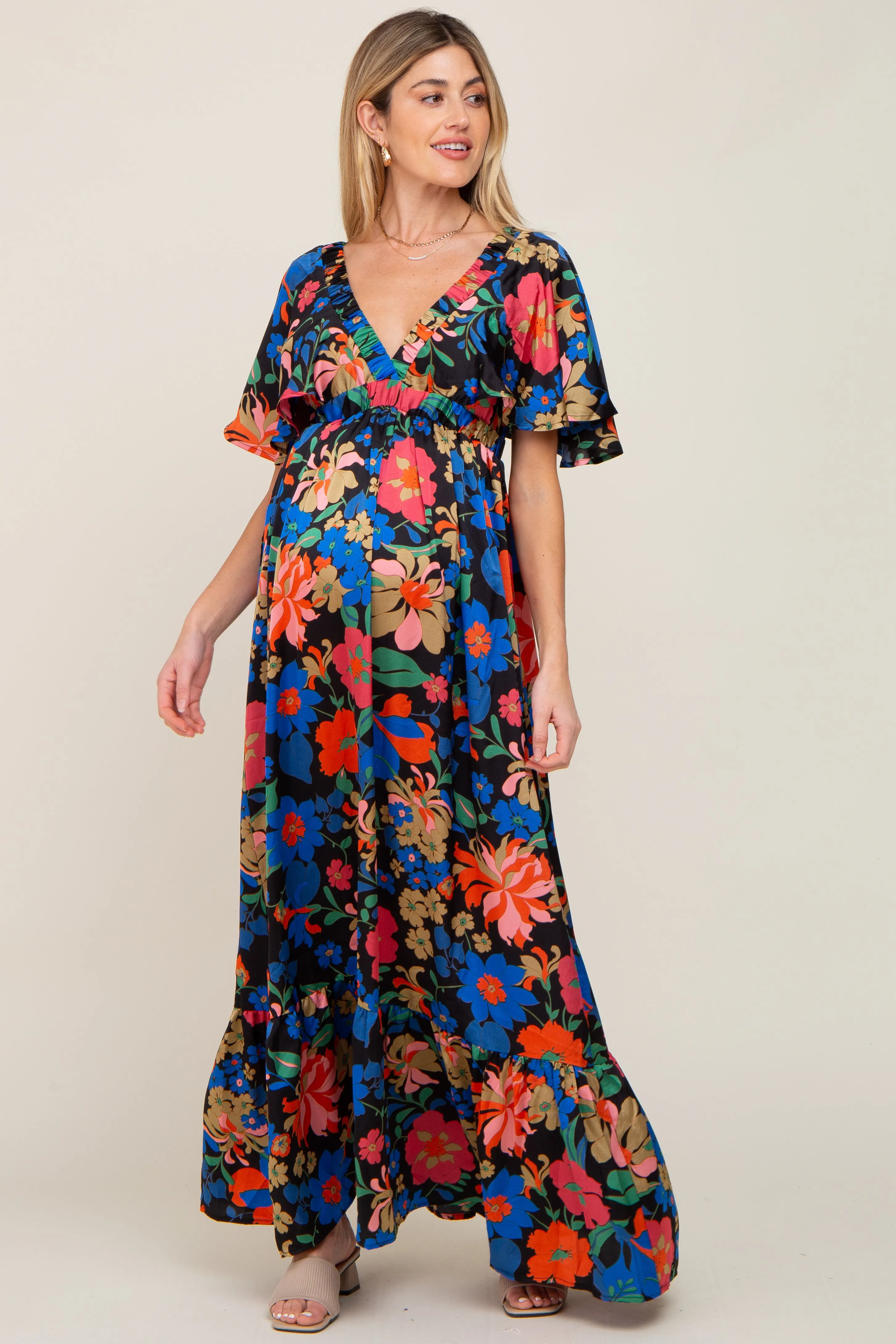 Black Floral Flounce Sleeve Maternity Maxi Dress sold by Pinkblush