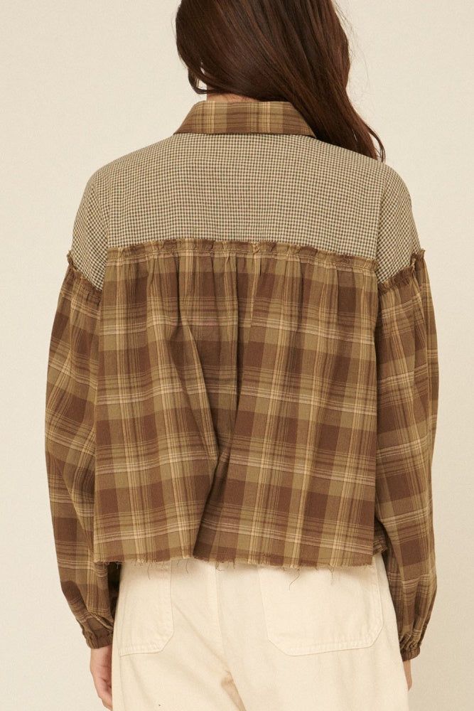 Olive Oversized Plaid Button Front Ruffled Seam Shirt sold by Pinkblush product image thumbnail 3