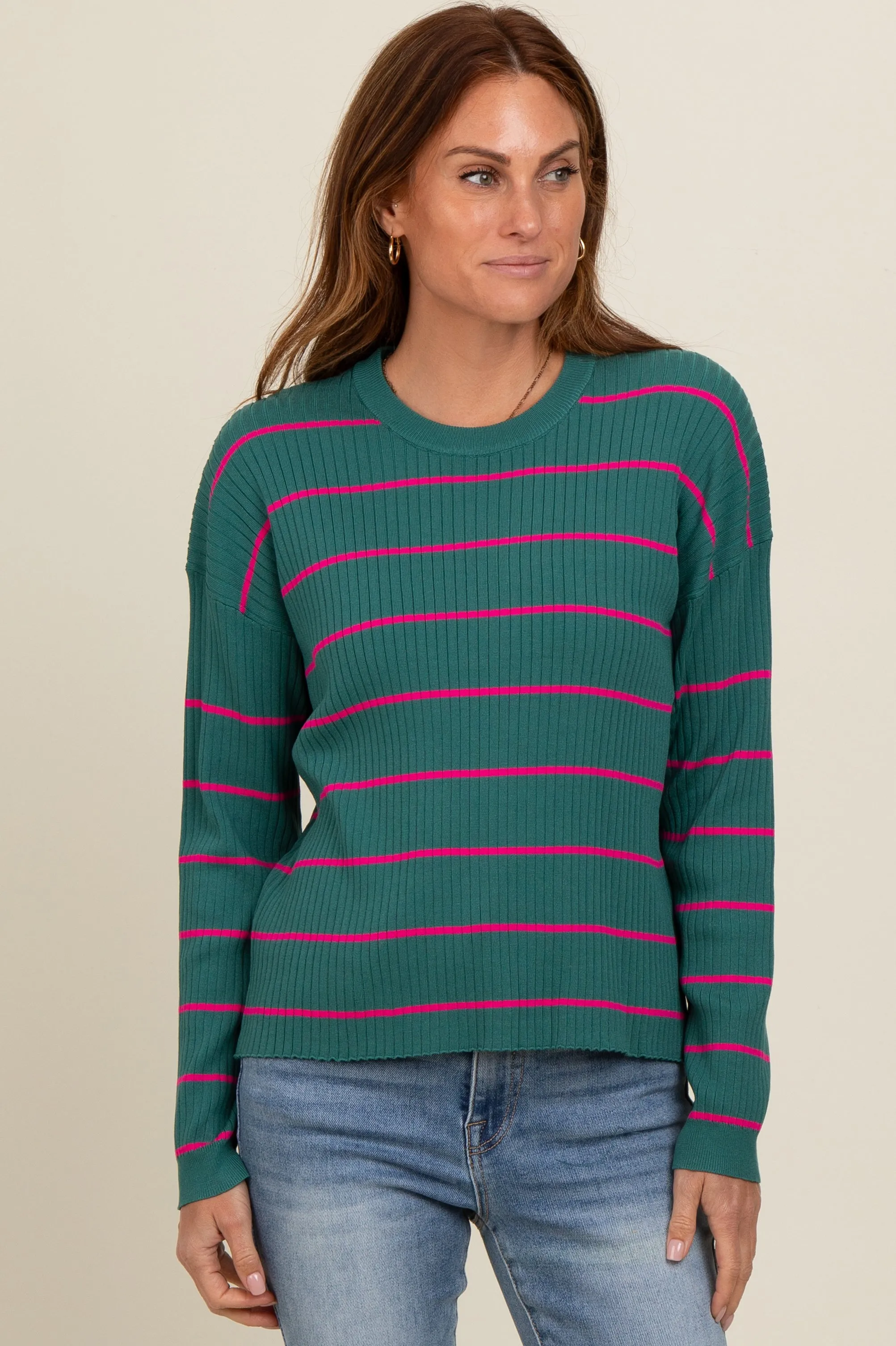 Teal Striped Ribbed Knit Long Sleeve Top sold by Pinkblush product image thumbnail 2