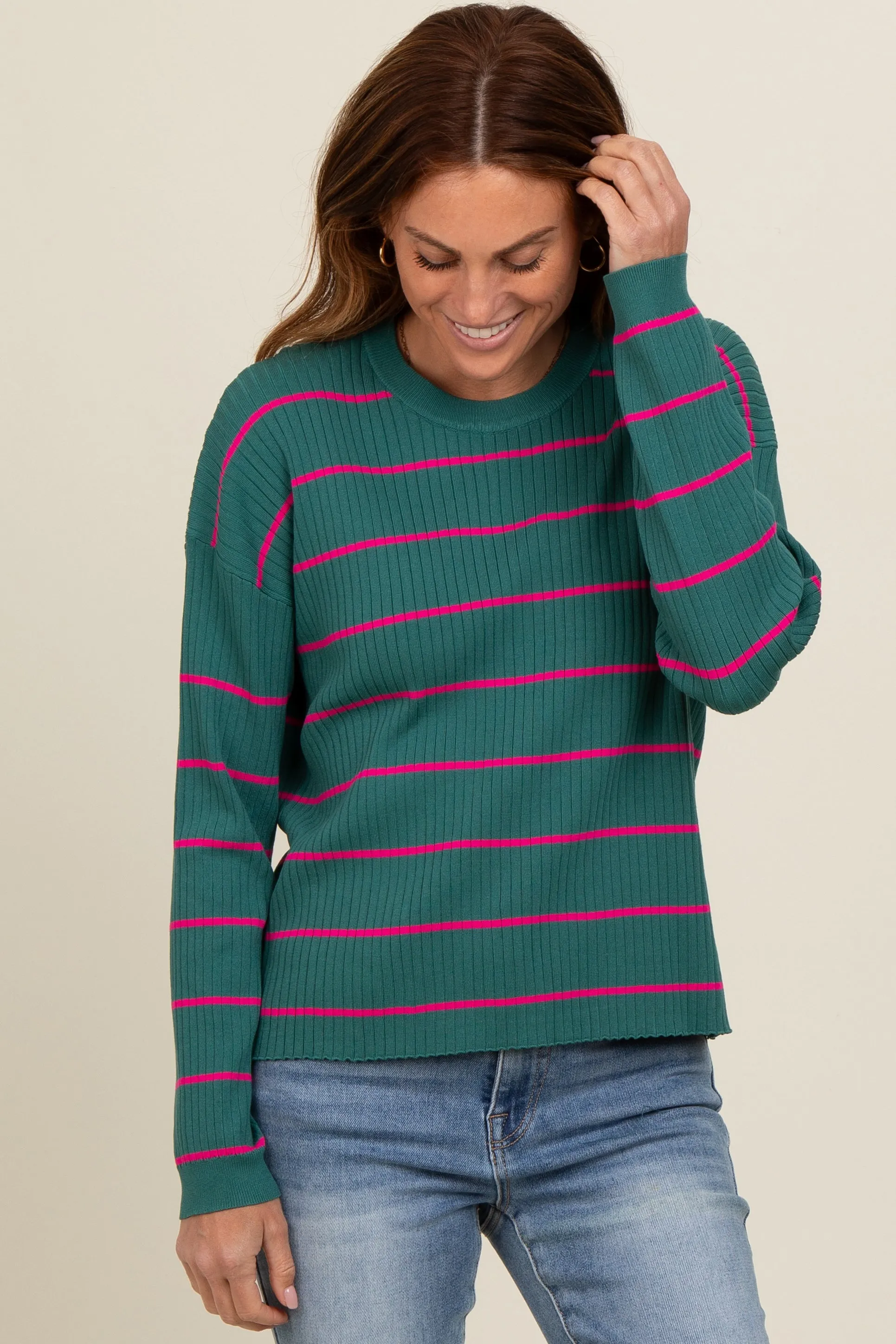 Teal Striped Ribbed Knit Long Sleeve Top sold by Pinkblush
