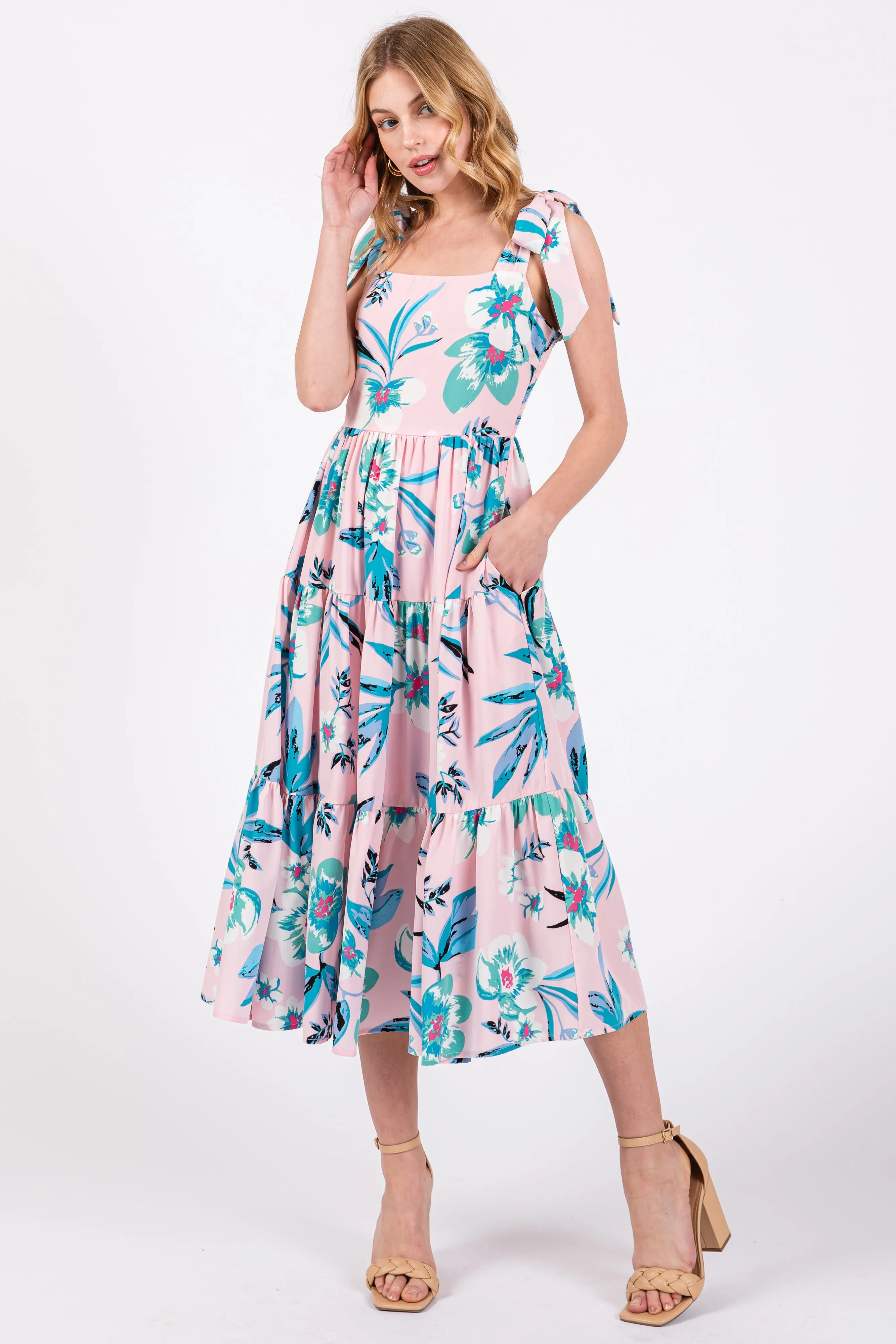 Light Pink Sleeveless Floral Tiered Maternity Midi Dress sold by Pinkblush product image thumbnail 5