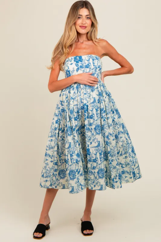 Blue Floral Strapless Maternity Midi Dress sold by Pinkblush