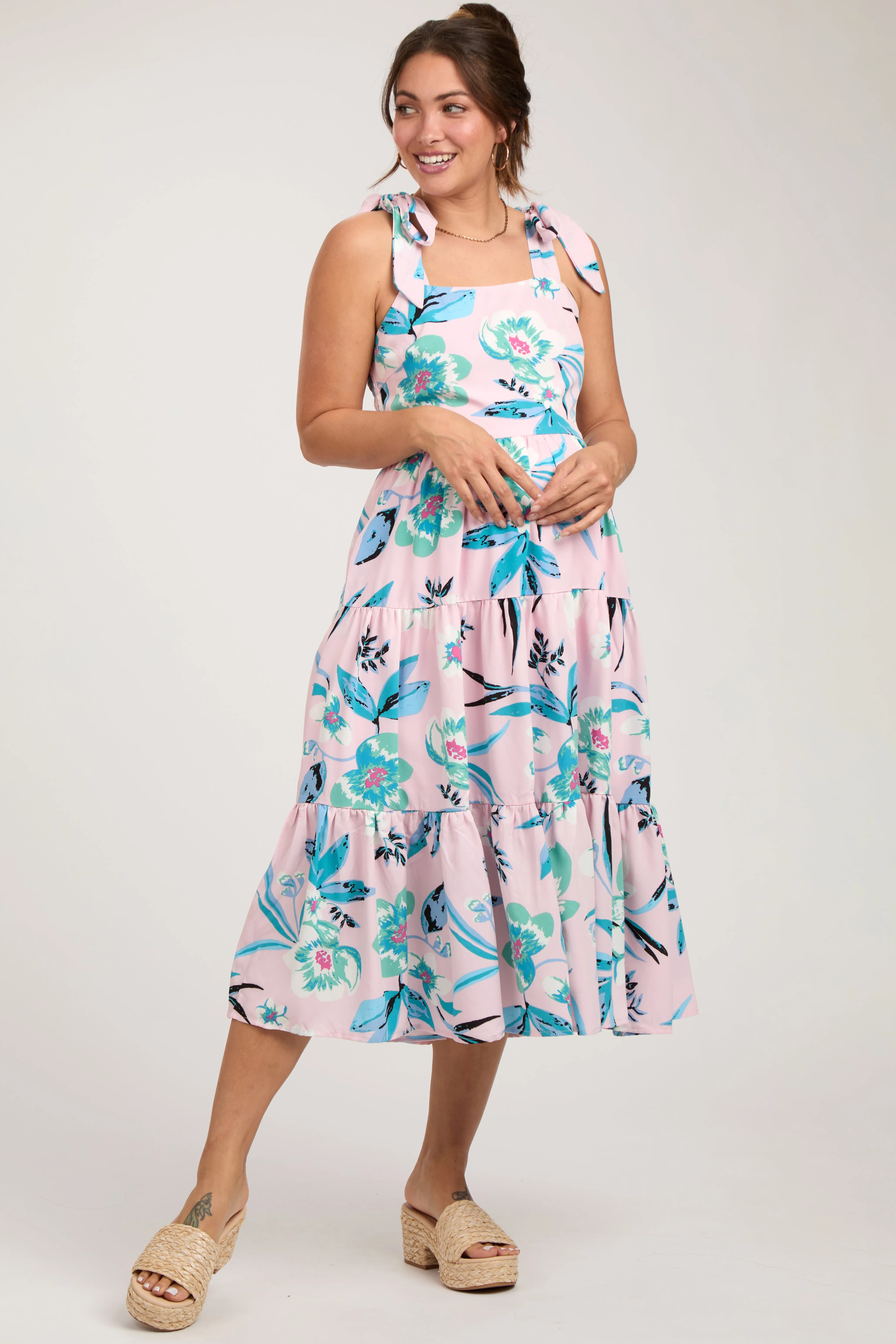 Light Pink Sleeveless Floral Tiered Maternity Midi Dress sold by Pinkblush product image thumbnail 2