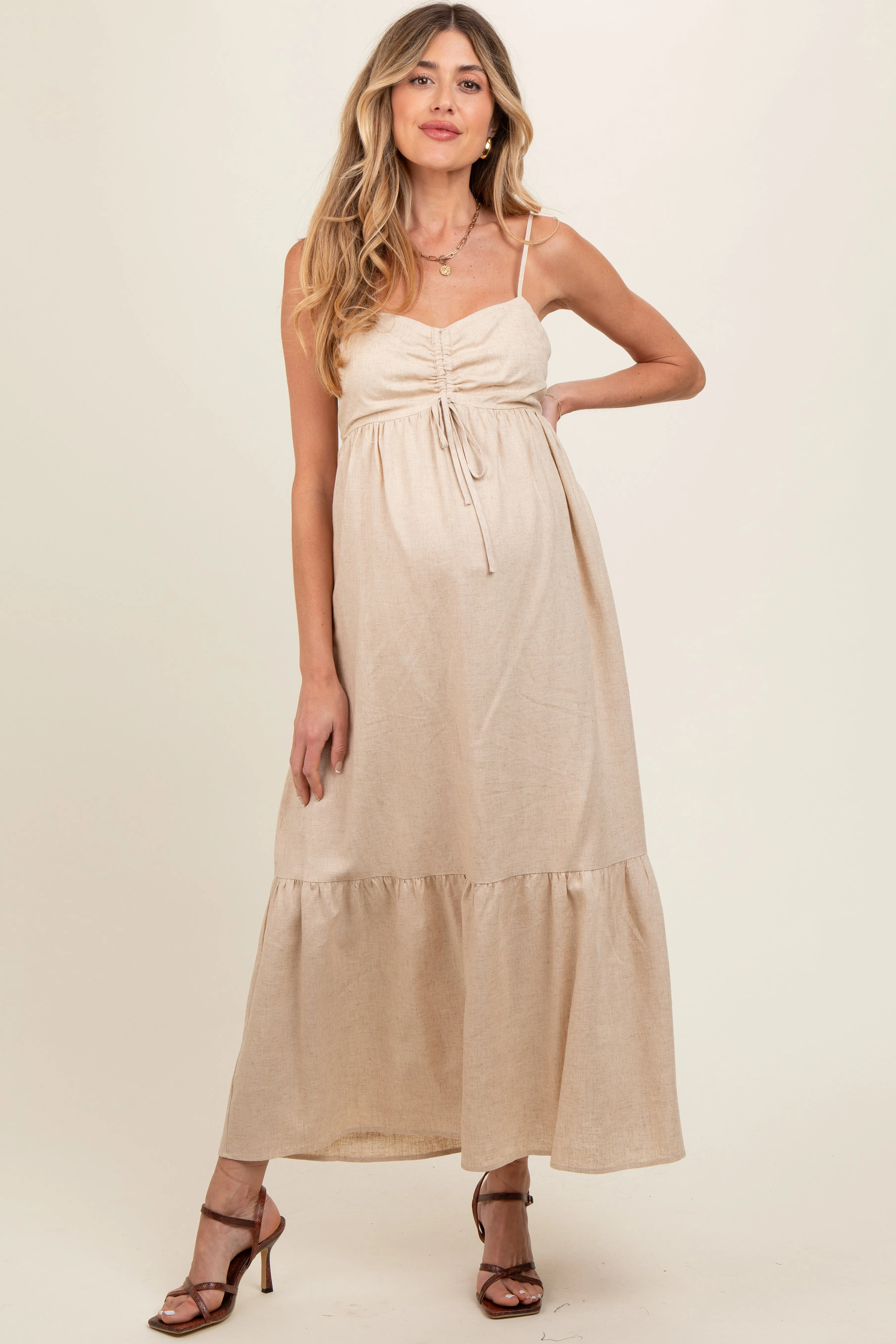 Beige Linen Front Cinch Maternity Midi Dress sold by Pinkblush product image thumbnail 2