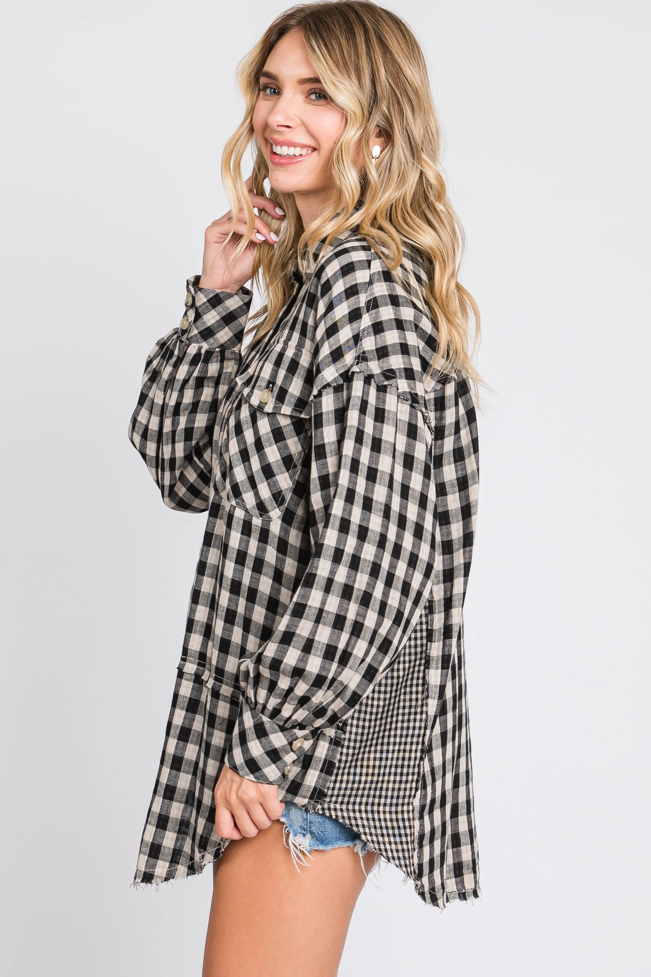 Navy Mixed Plaid Fringe Button Down Top sold by Pinkblush product image thumbnail 2