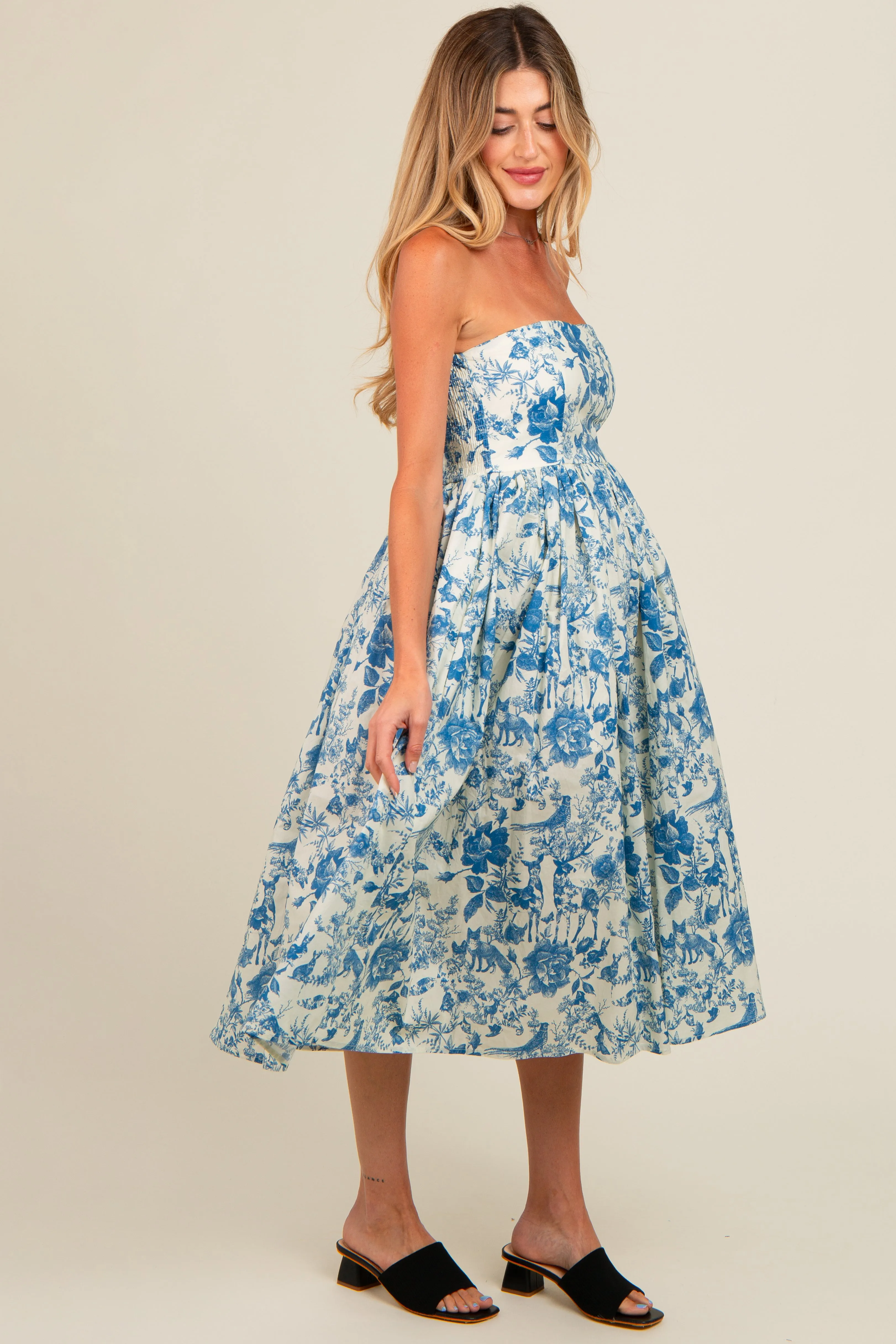 Blue Floral Strapless Maternity Midi Dress sold by Pinkblush product image thumbnail 2