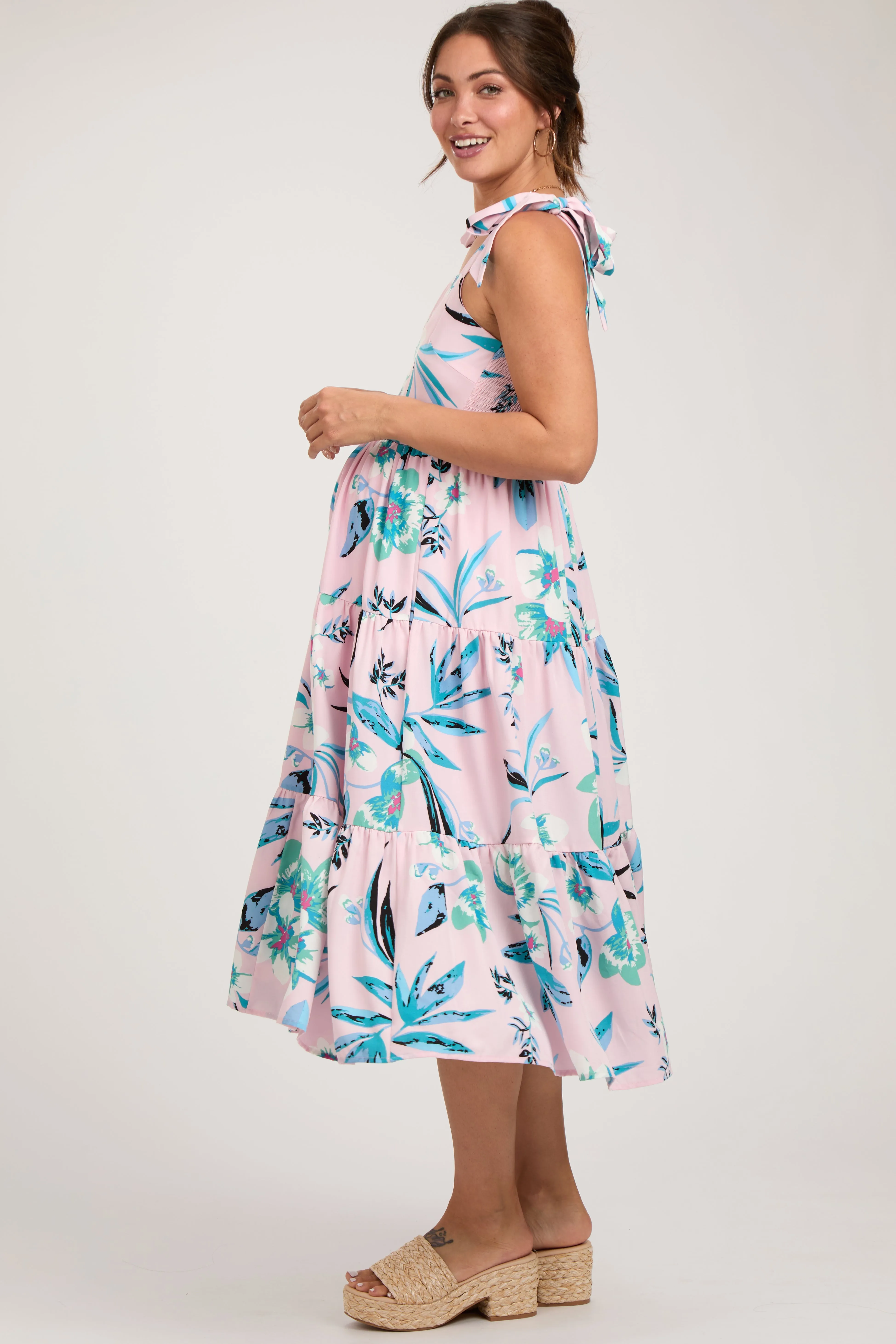 Light Pink Sleeveless Floral Tiered Maternity Midi Dress sold by Pinkblush product image thumbnail 3