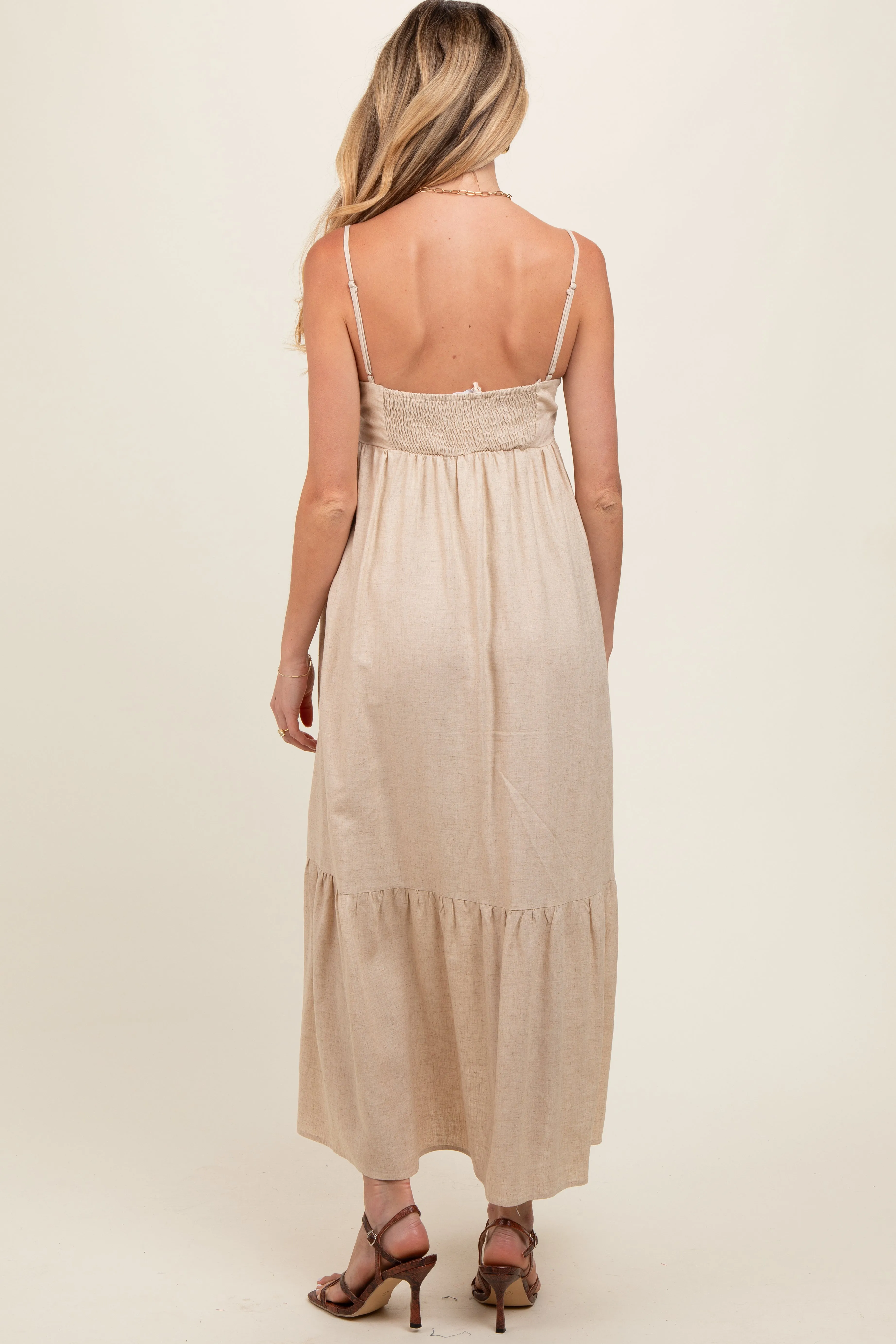 Beige Linen Front Cinch Maternity Midi Dress sold by Pinkblush product image thumbnail 5