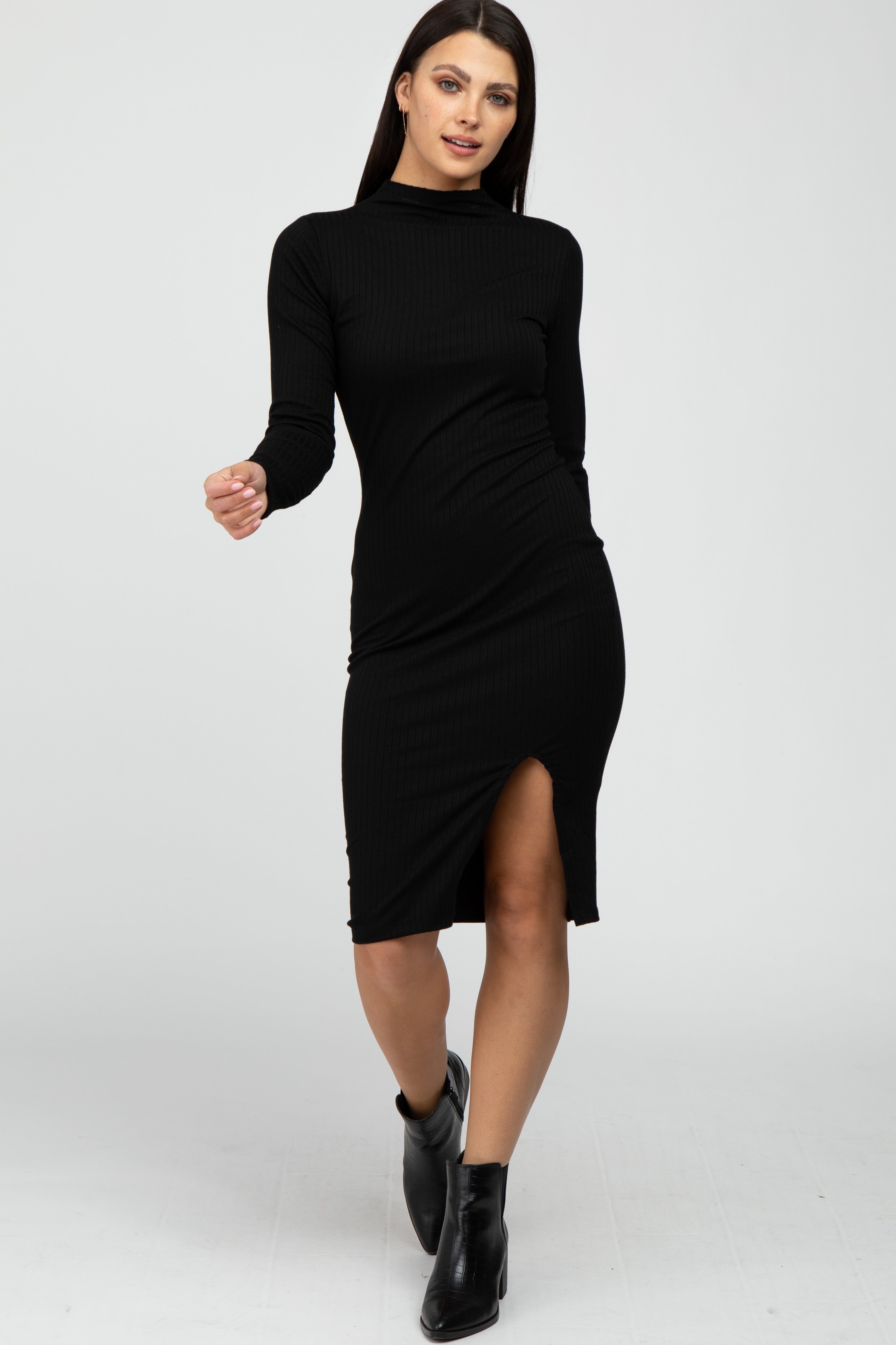 Black Ribbed Mock Neck Front Slit Dress sold by Pinkblush product image thumbnail 2