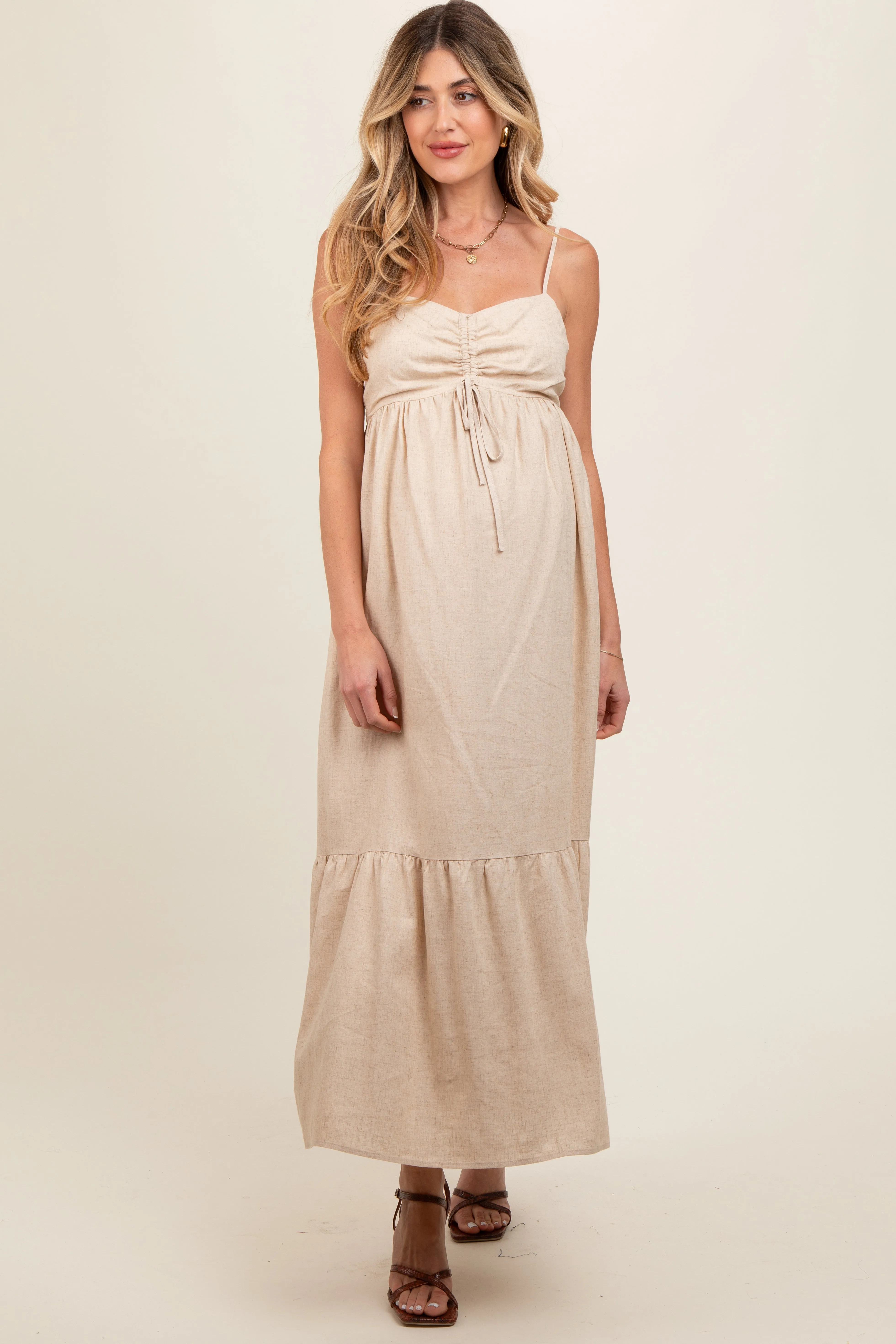 Beige Linen Front Cinch Maternity Midi Dress sold by Pinkblush product image thumbnail 3