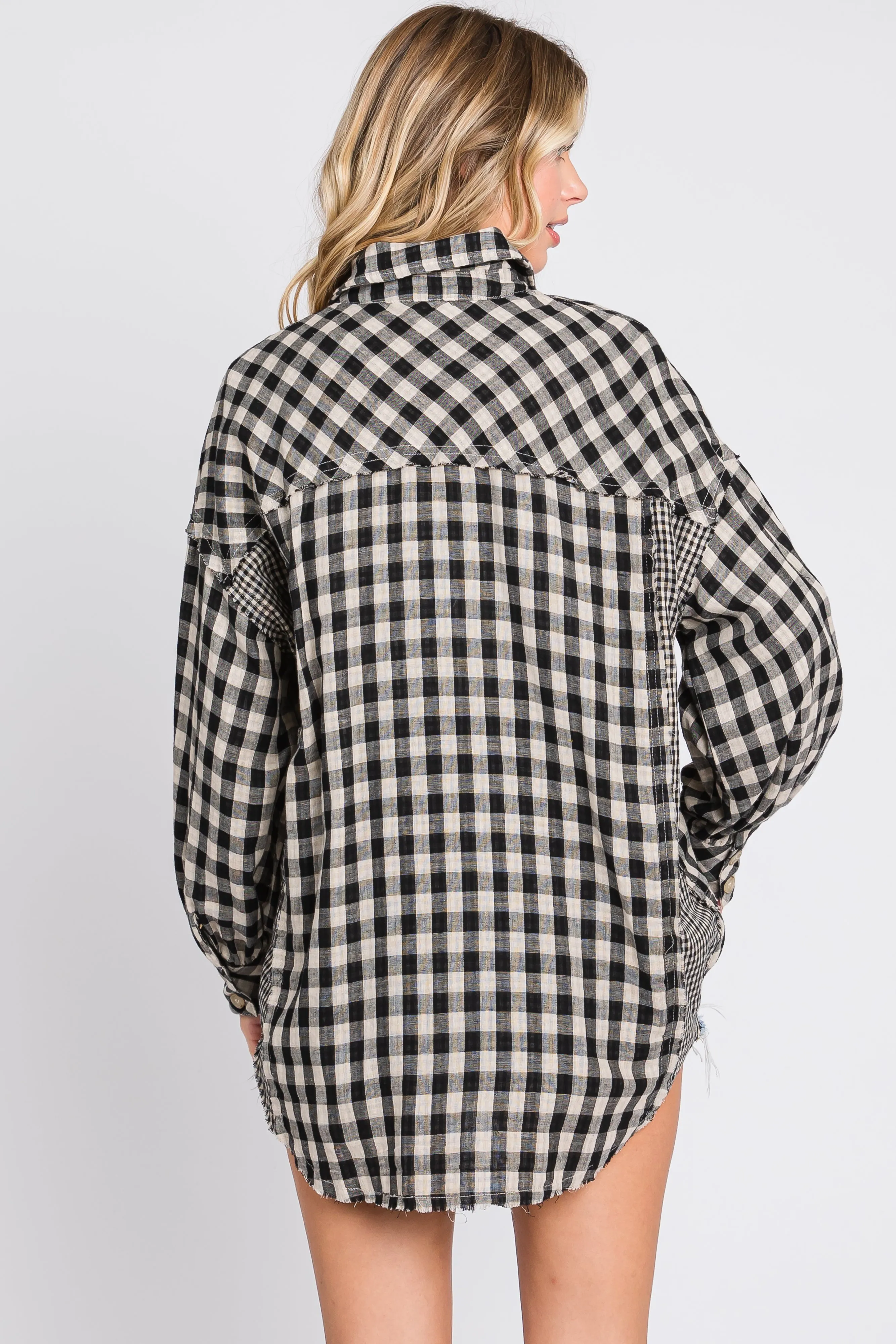 Navy Mixed Plaid Fringe Button Down Top sold by Pinkblush product image thumbnail 3