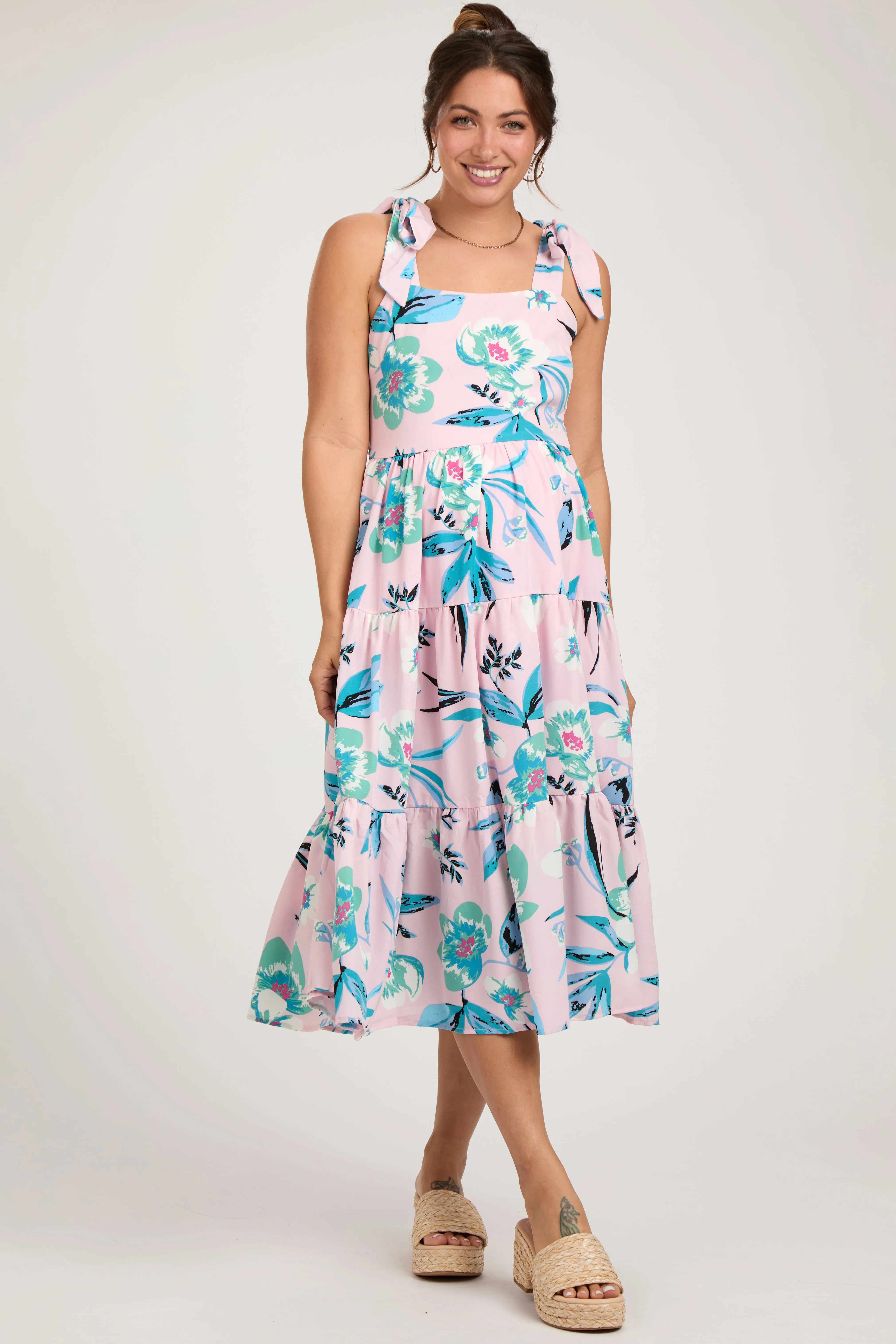 Light Pink Sleeveless Floral Tiered Maternity Midi Dress sold by Pinkblush