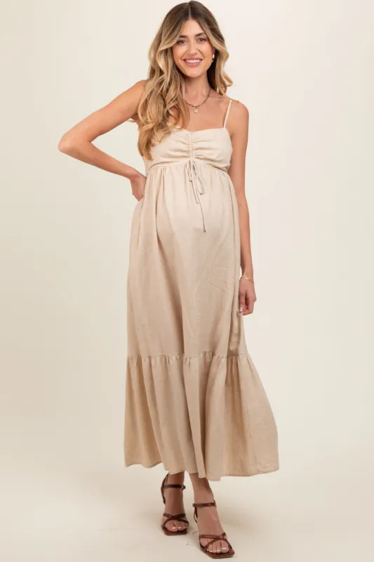 Beige Linen Front Cinch Maternity Midi Dress sold by Pinkblush