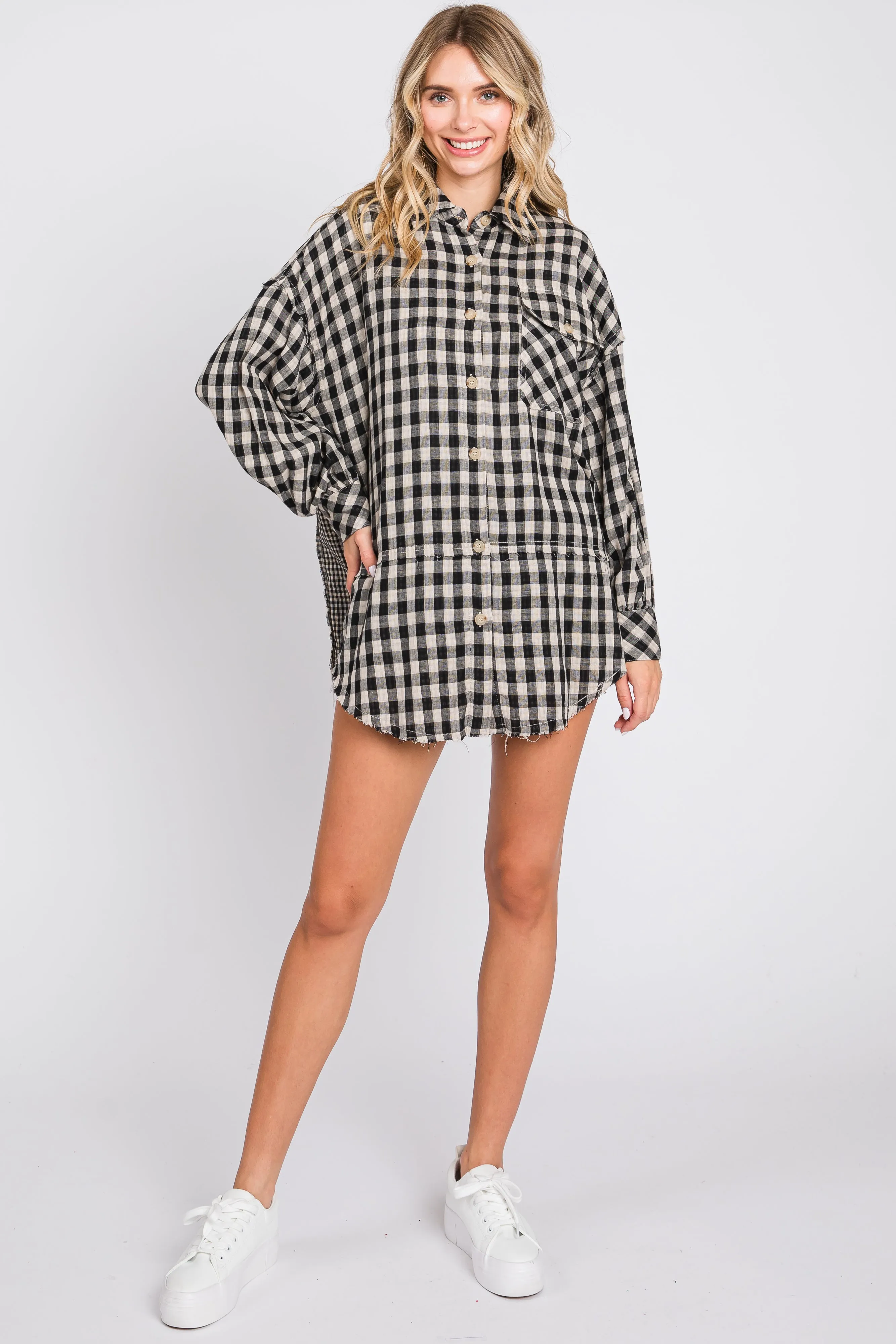 Navy Mixed Plaid Fringe Button Down Top sold by Pinkblush product image thumbnail 4