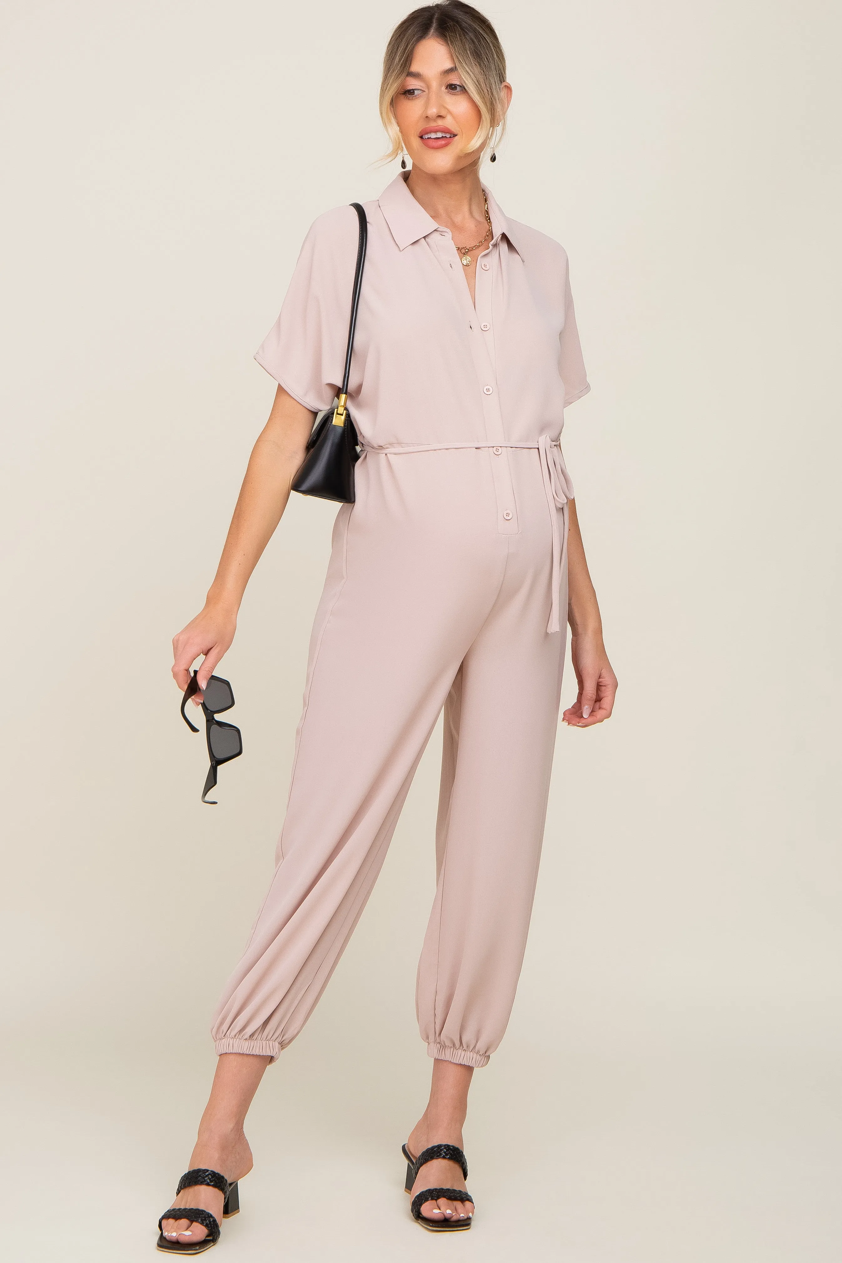 Beige Button Up Maternity Jumpsuit sold by Pinkblush product image thumbnail 4