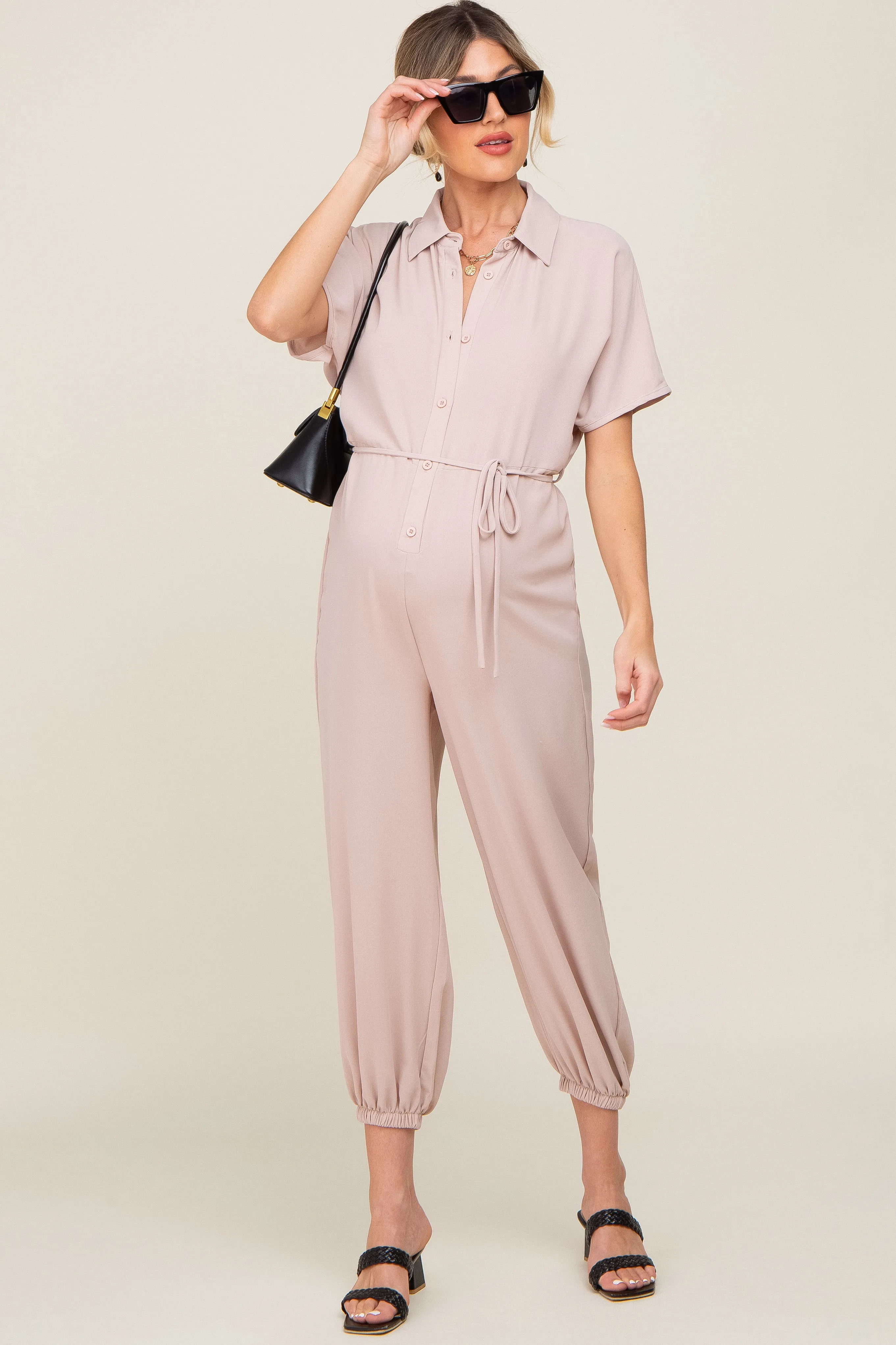 Beige Button Up Maternity Jumpsuit sold by Pinkblush