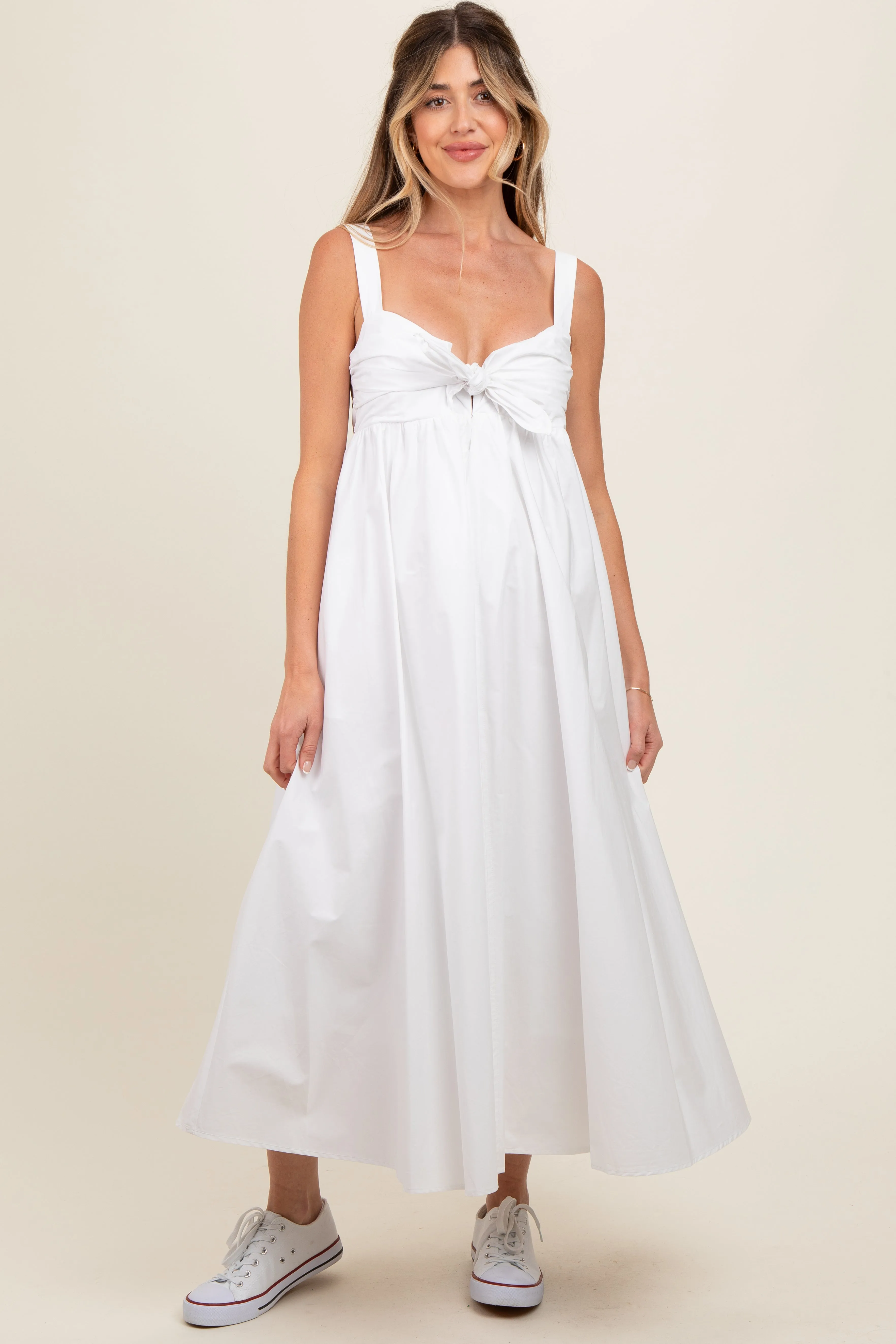 White Front Tie Sleeveless Maternity Midi Dress sold by Pinkblush product image thumbnail 2