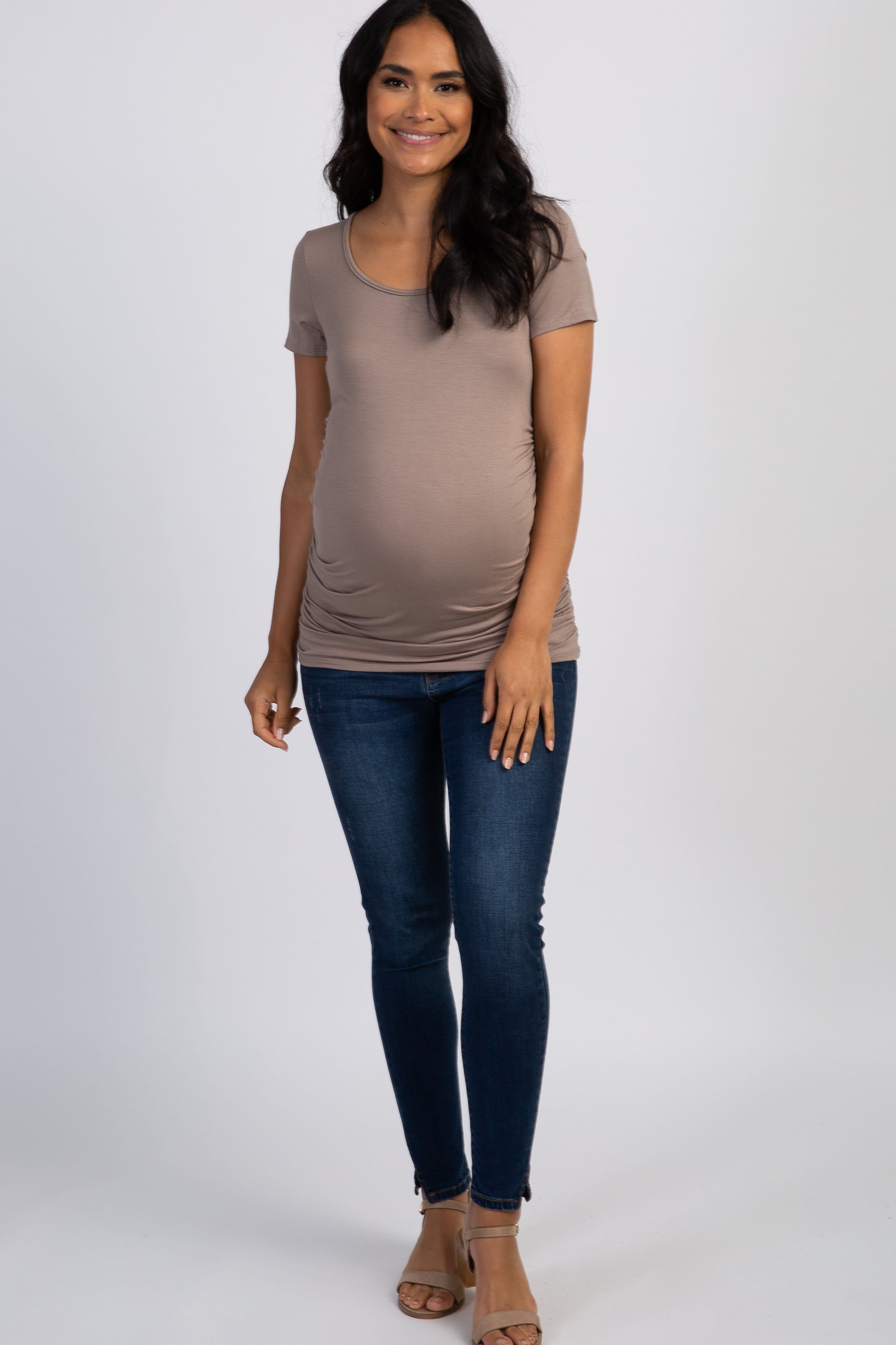PinkBlush Taupe Basic Fitted Short Sleeve Maternity Top sold by Pinkblush product image thumbnail 4